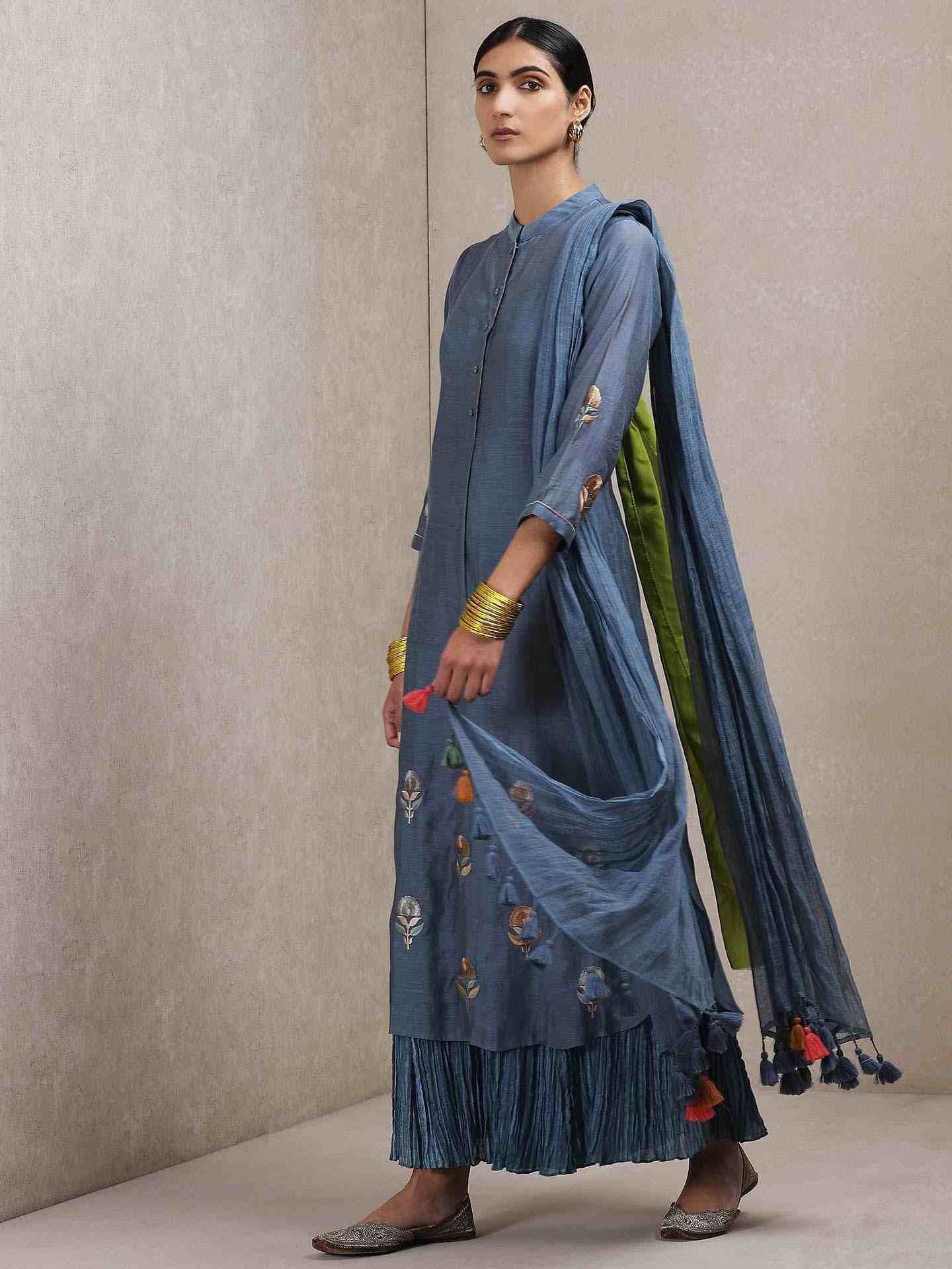 Denim Blue Mughal Butta Chanderi Sharara Set