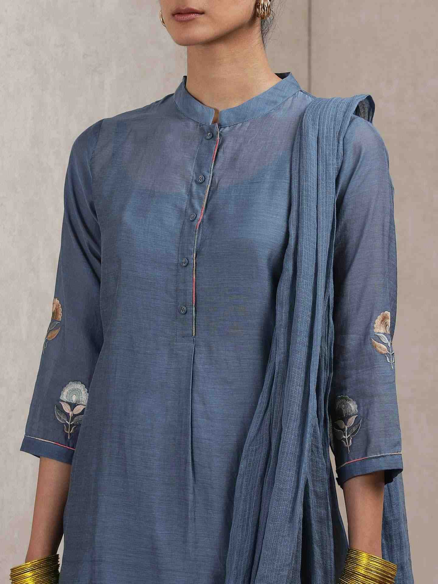 Denim Blue Mughal Butta Chanderi Sharara Set