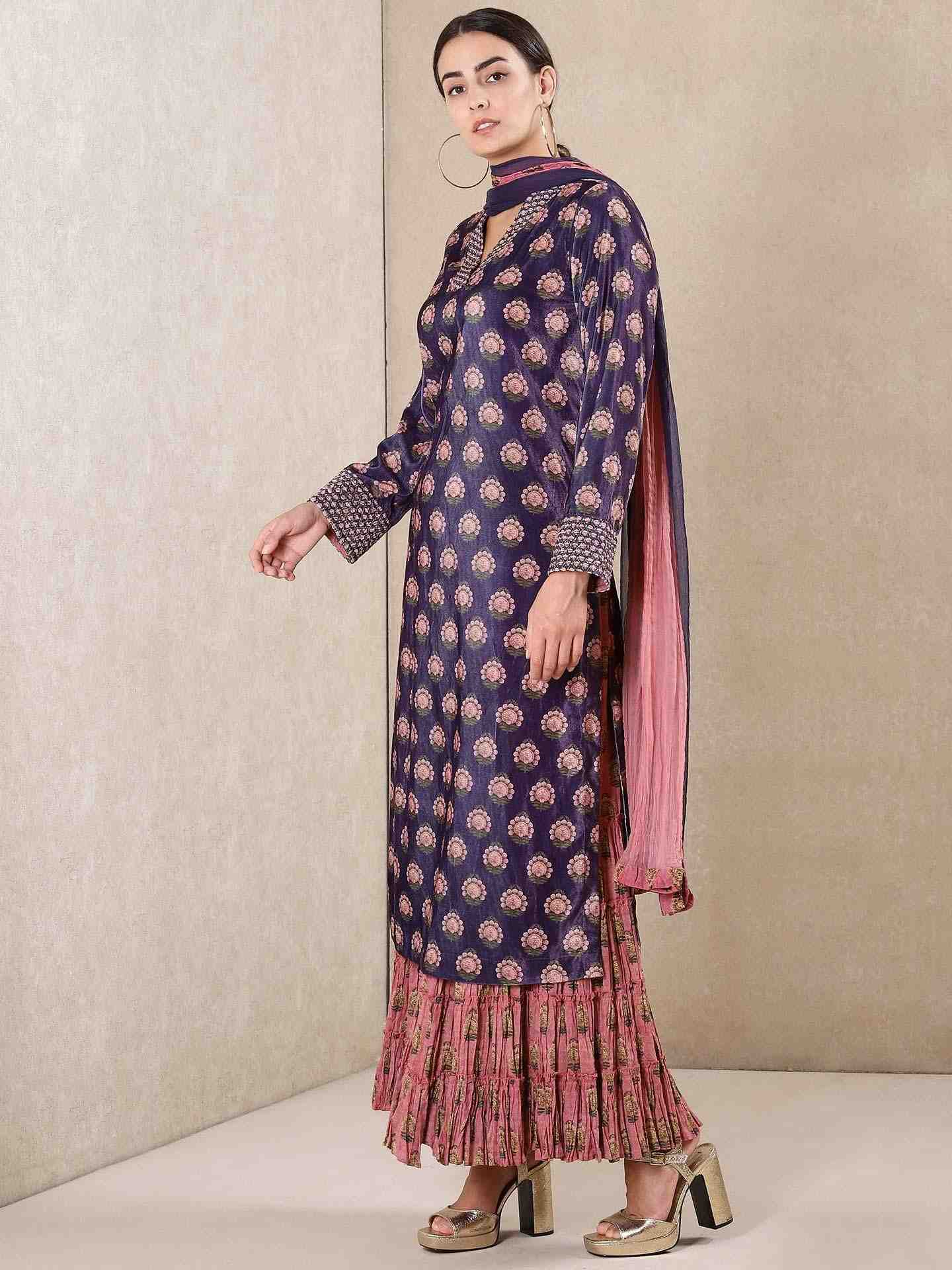 Dark Purple Noori Velvet Sharara Set