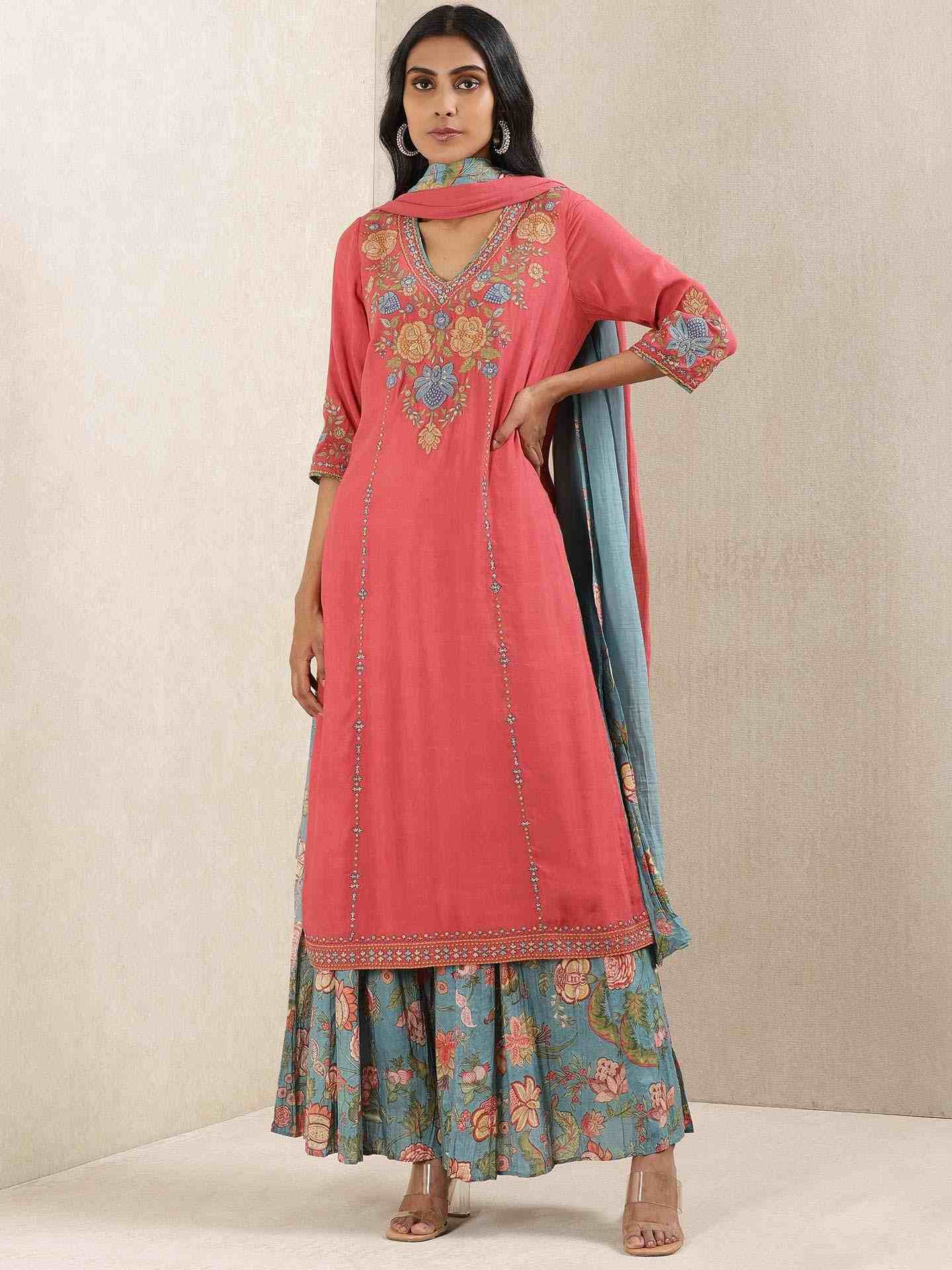 Red Kesar Solid Sharara Set