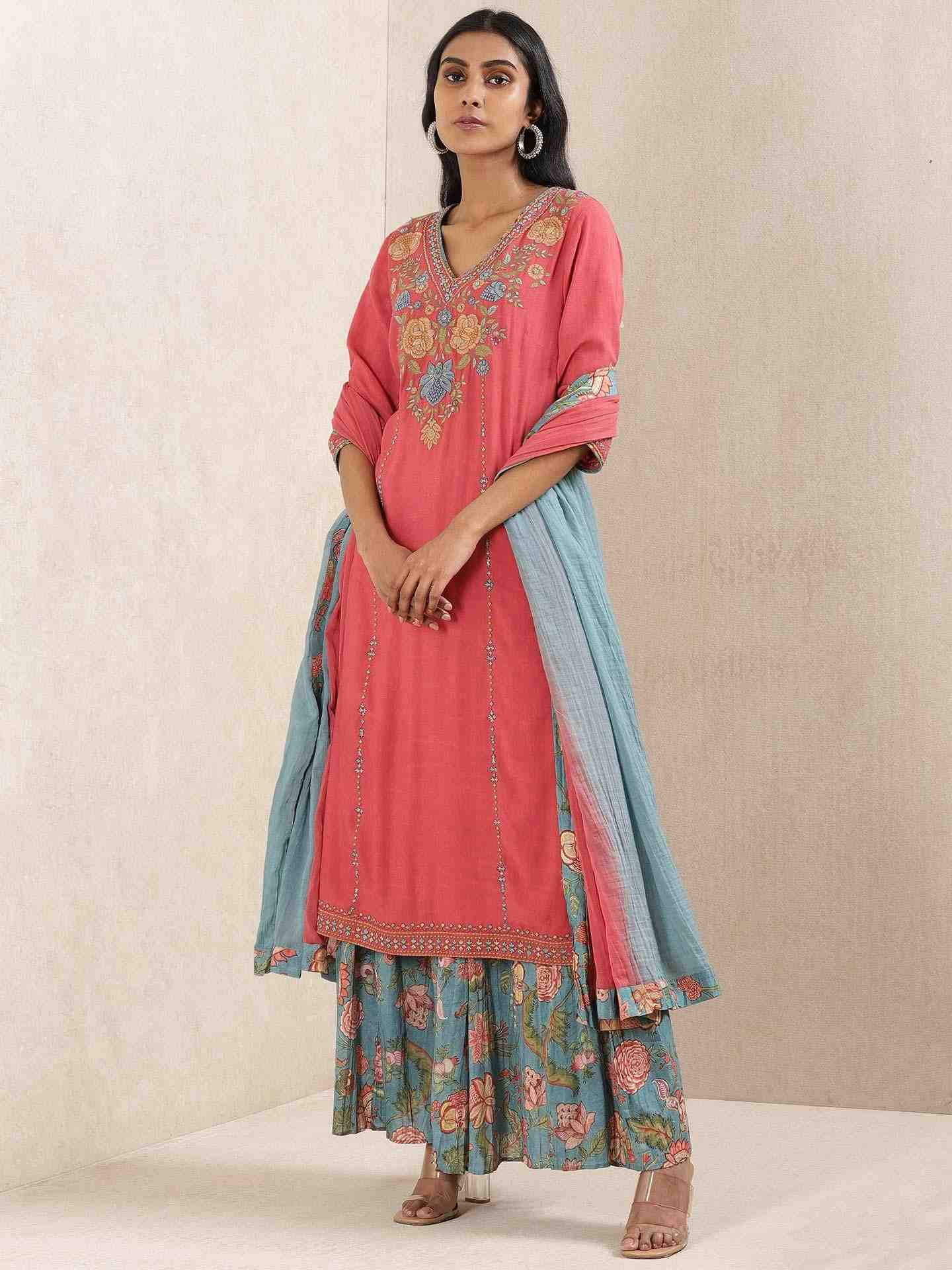 Red Kesar Solid Sharara Set