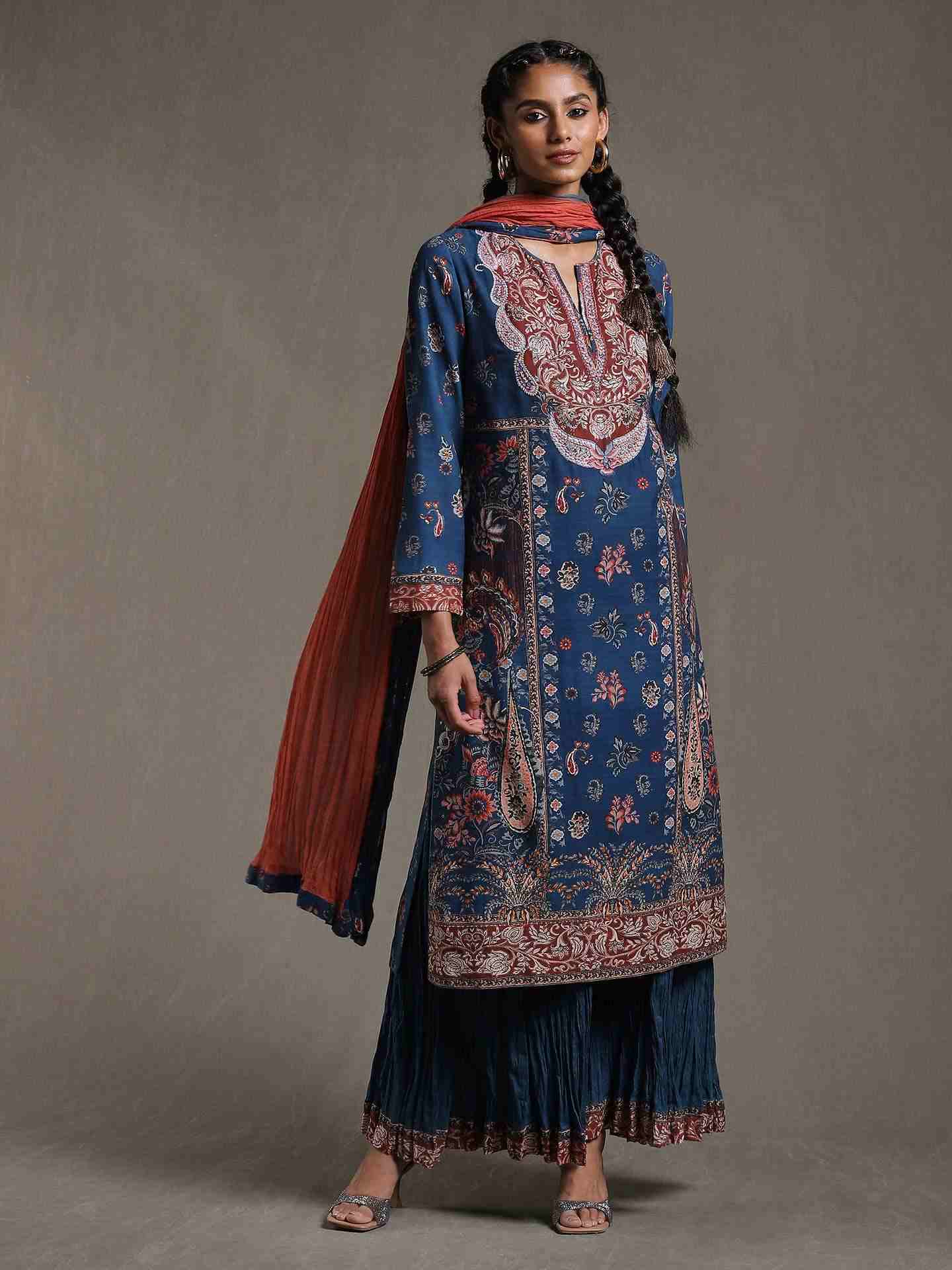 Navy Water Paisley Sharara Set