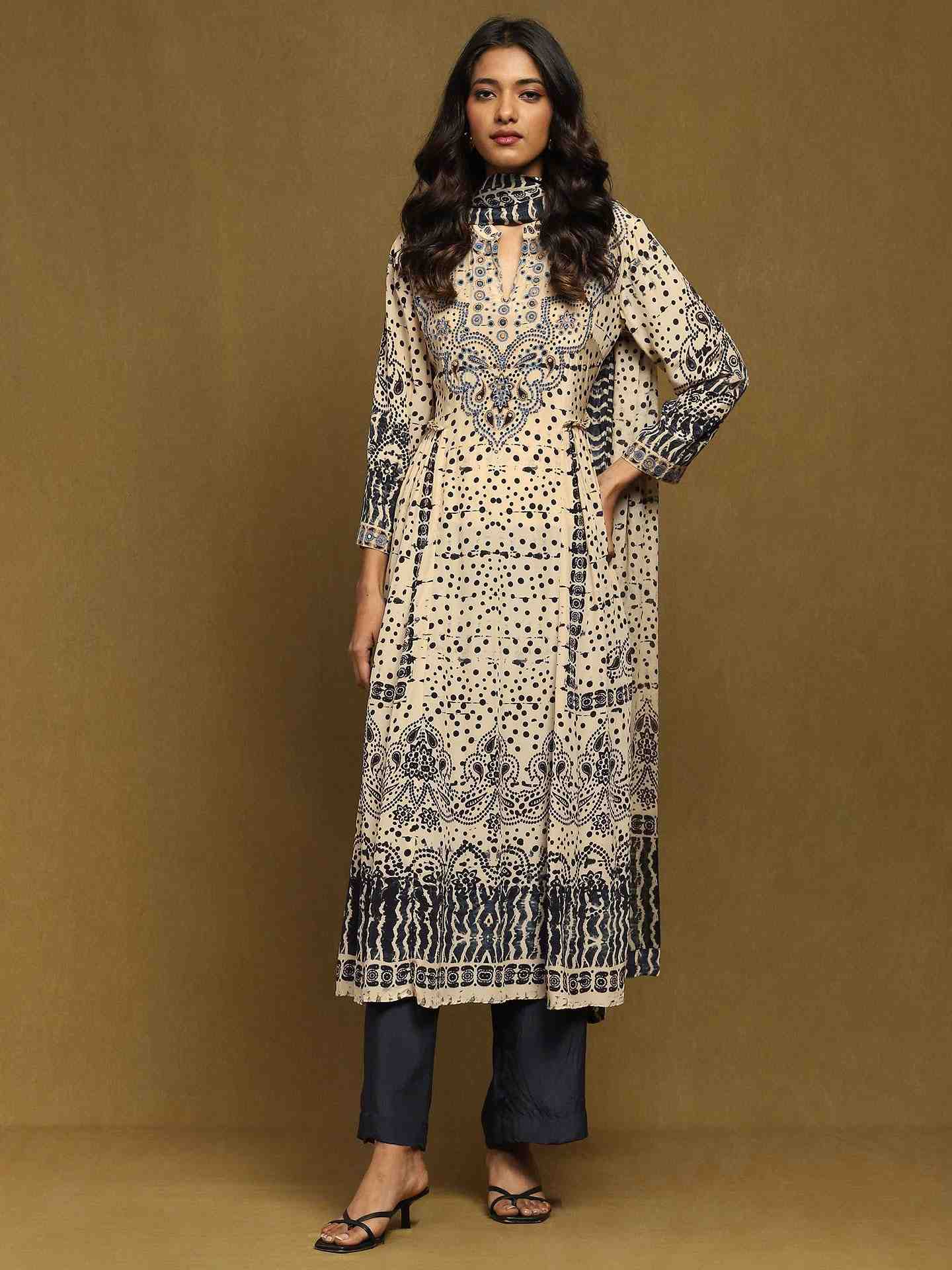 Beige Devesh Crepe Suit Set
