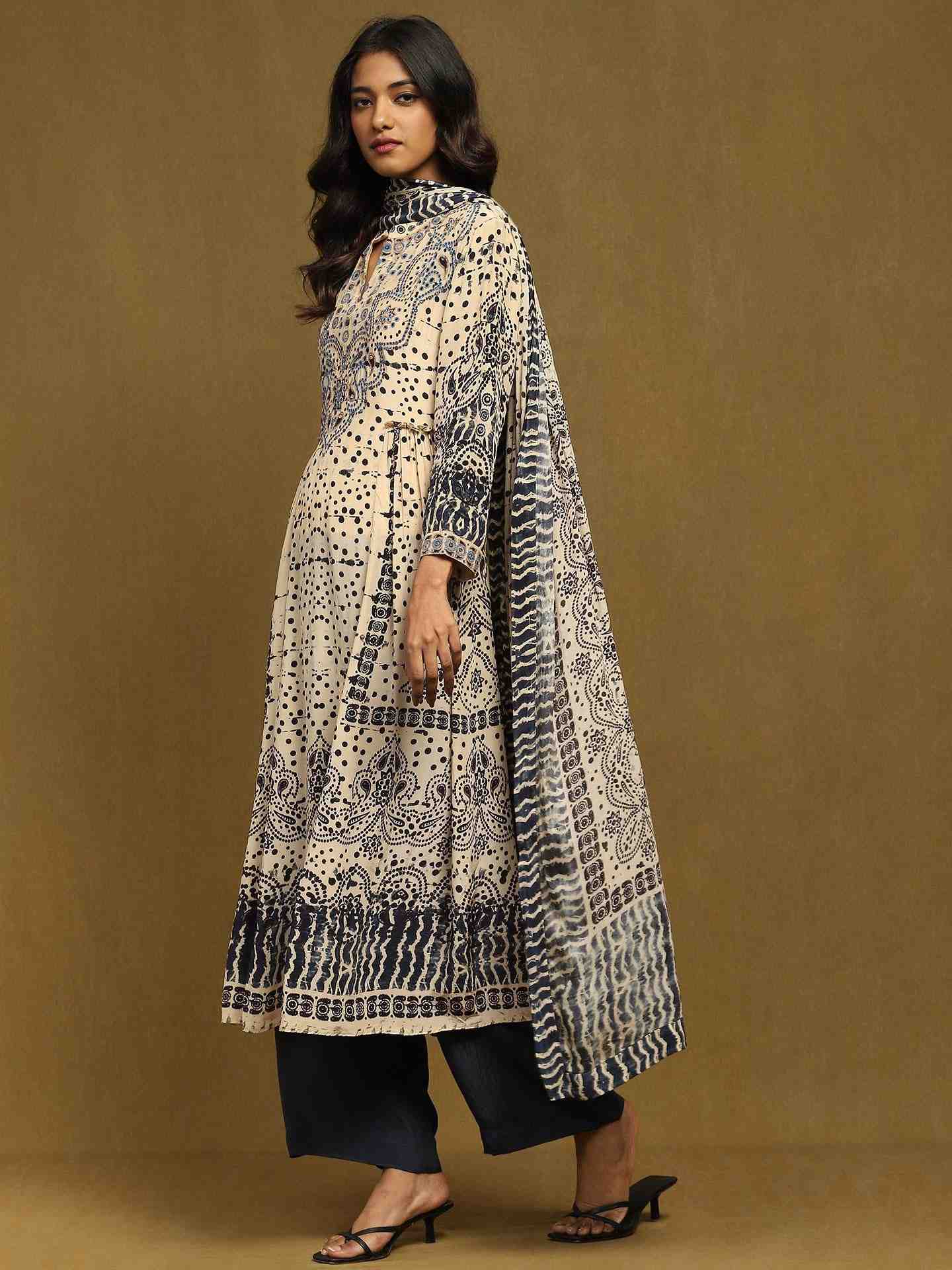 Beige Devesh Crepe Suit Set