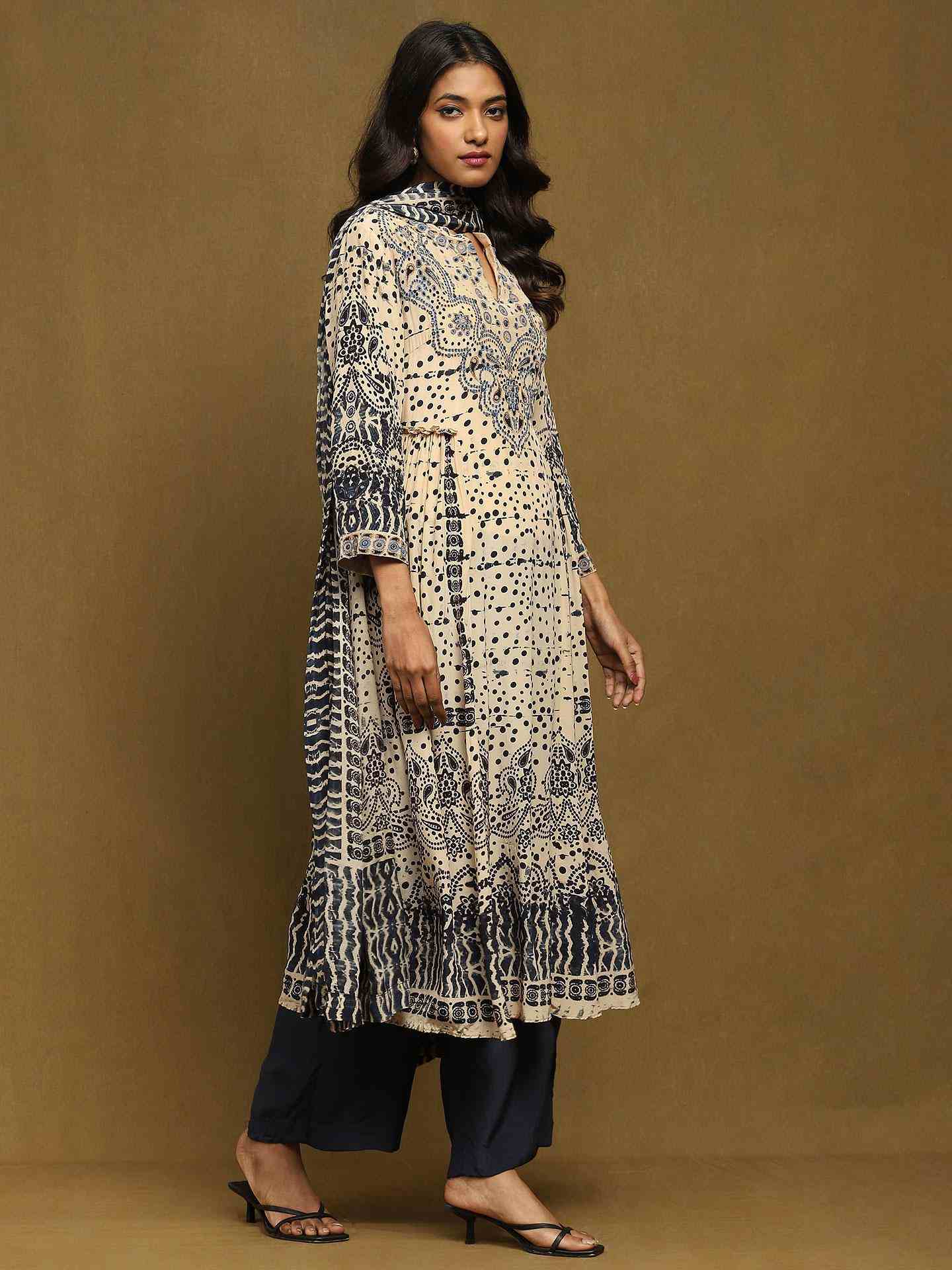 Beige Devesh Crepe Suit Set