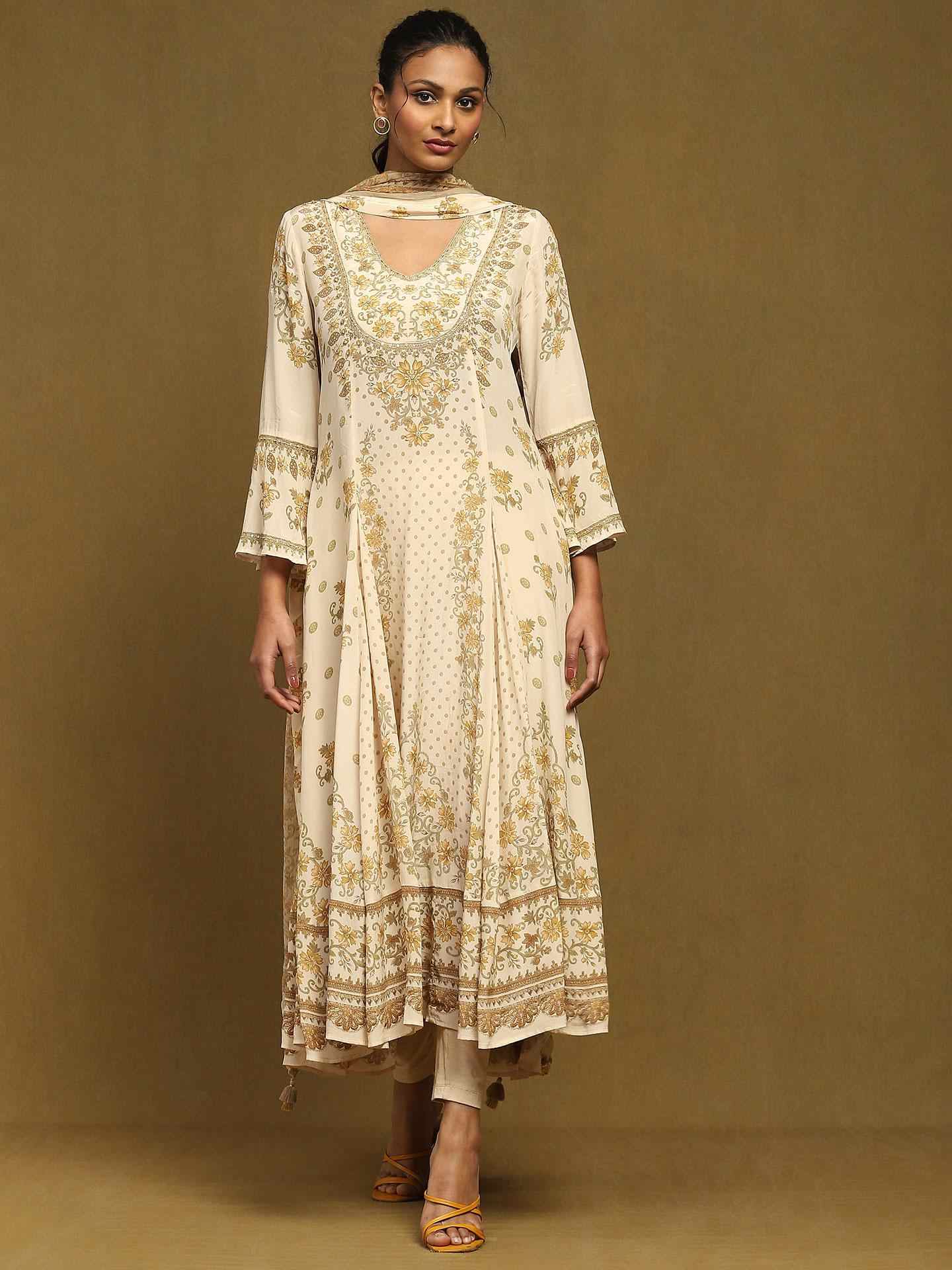 Beige Vahida Crepe Suit Set