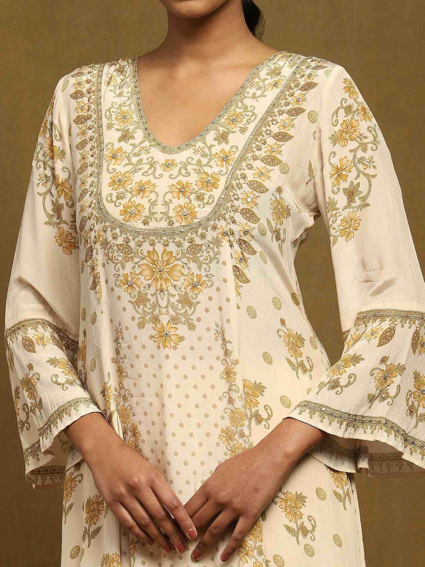 Beige Vahida Crepe Suit Set