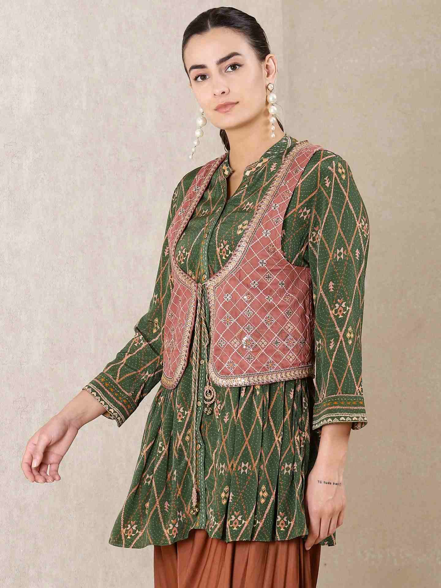 Green Alvira Allover Crepe Suit Set