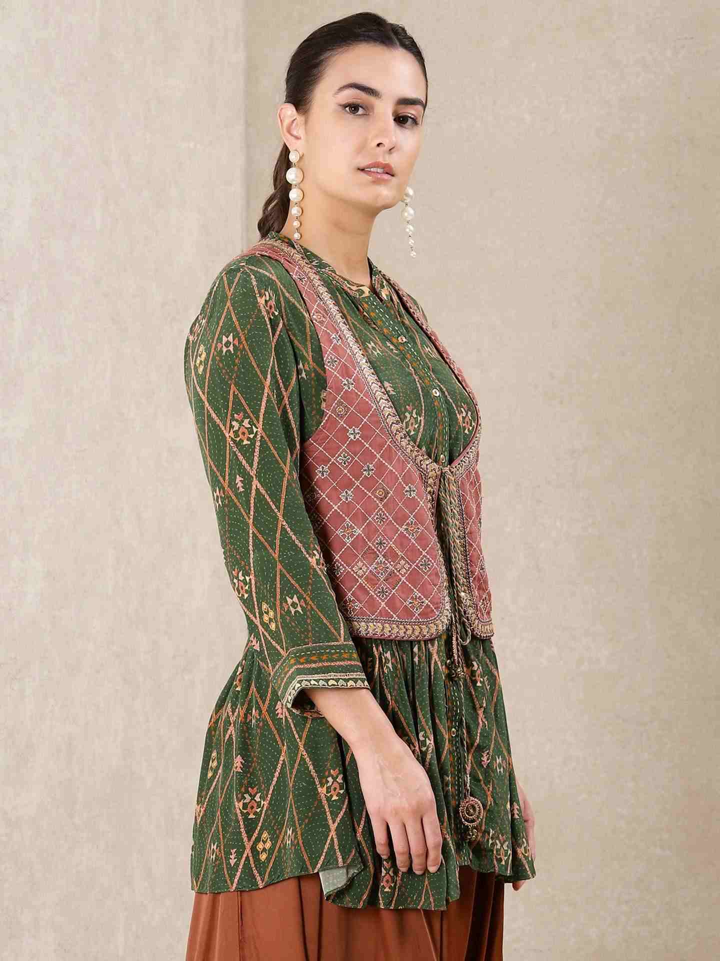 Green Alvira Allover Crepe Suit Set