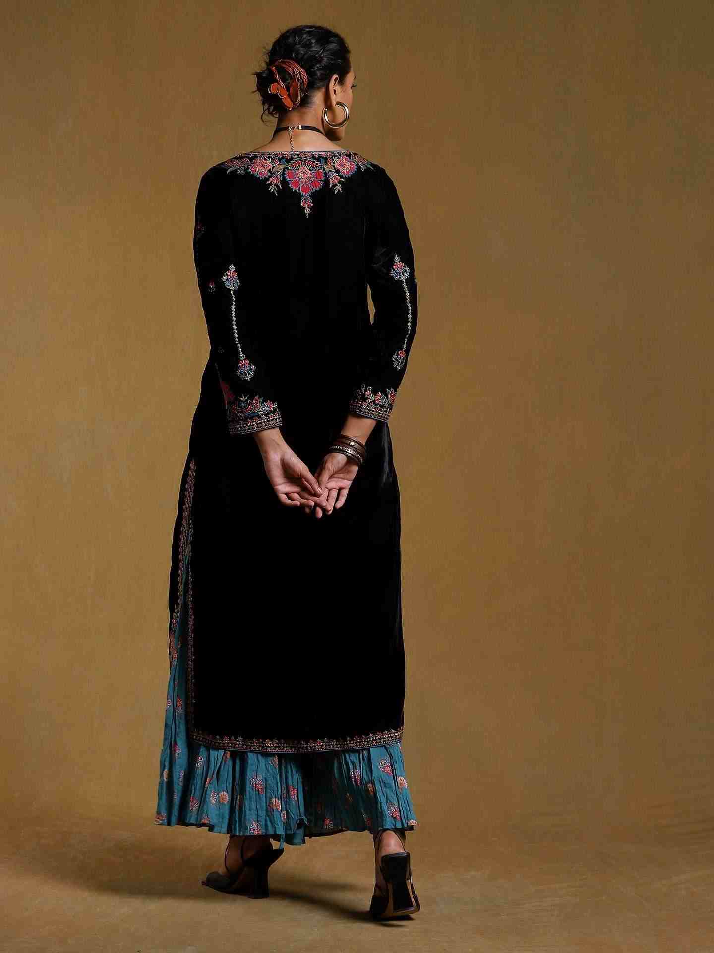 Black Sarasa Solid Velvet Sharara Set