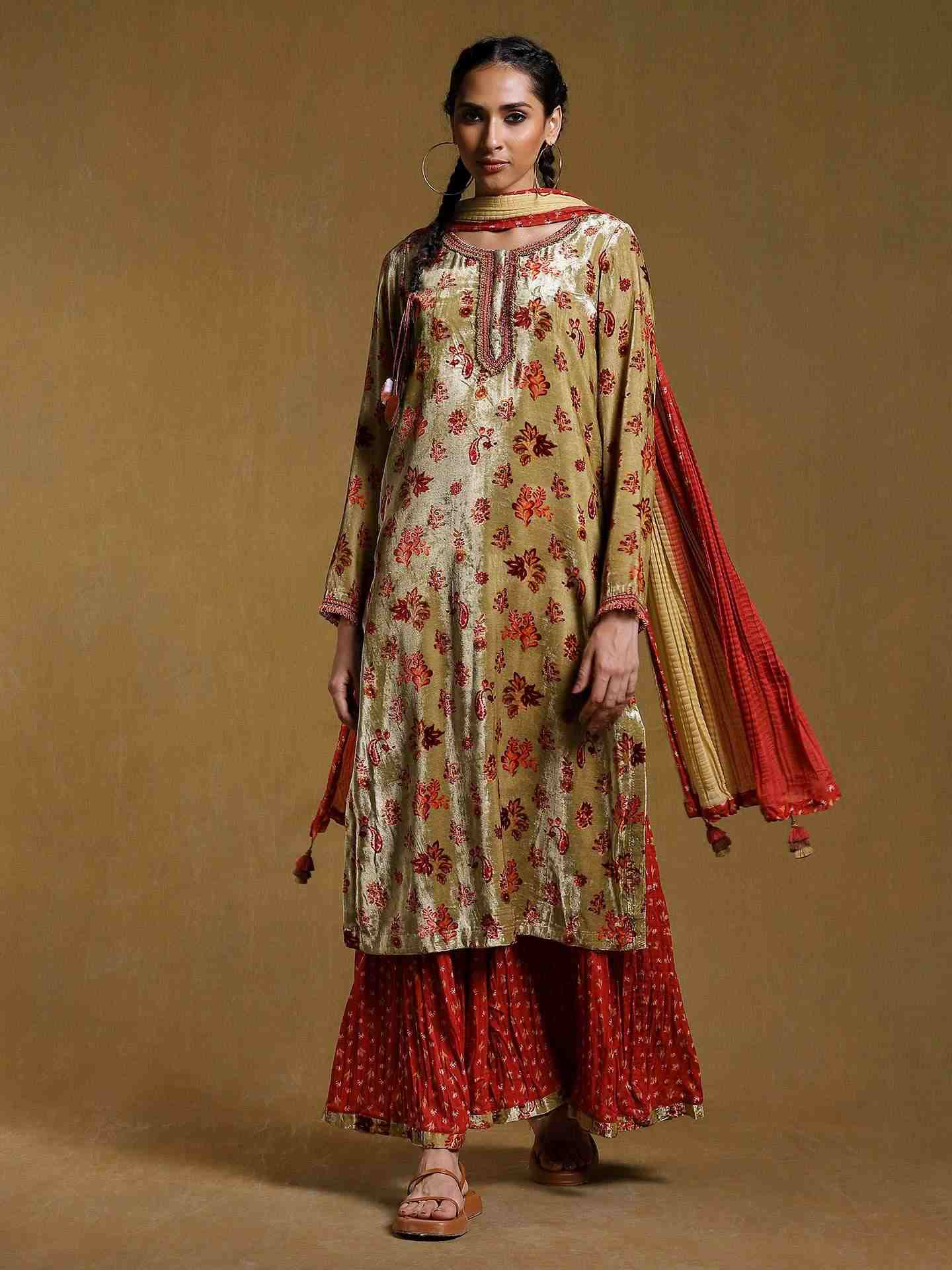 Green Godaveri Velvet Sharara Set