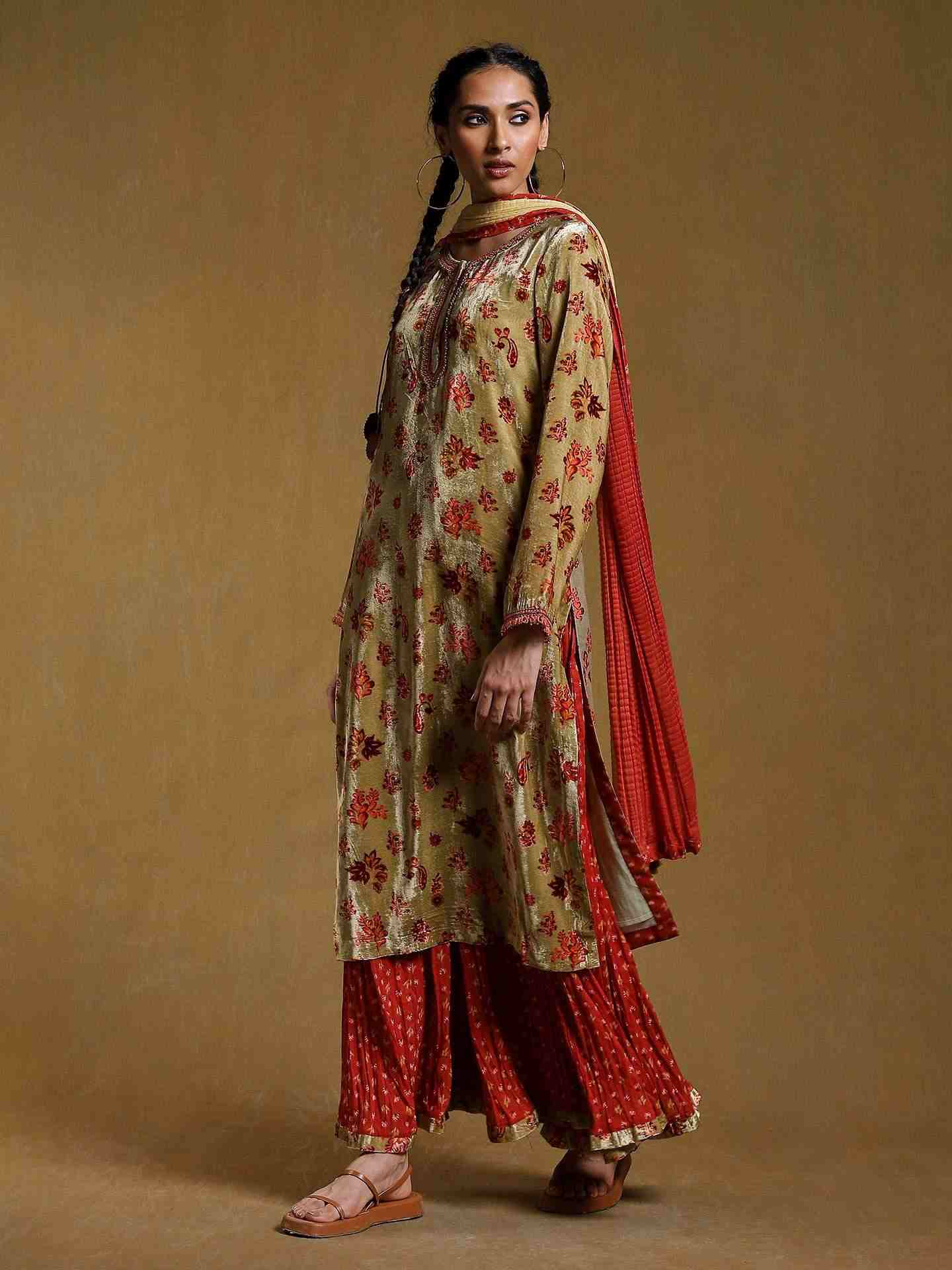 Green Godaveri Velvet Sharara Set