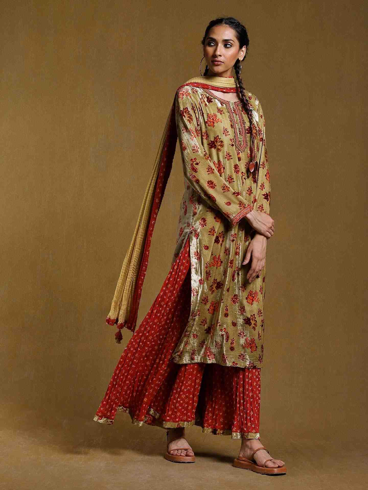 Green Godaveri Velvet Sharara Set