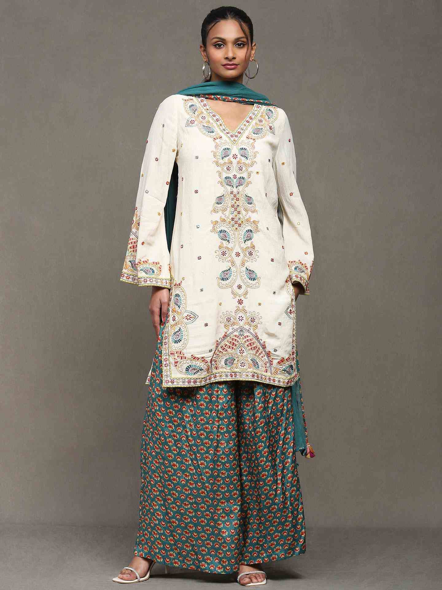 White Kantha Sharara Suit