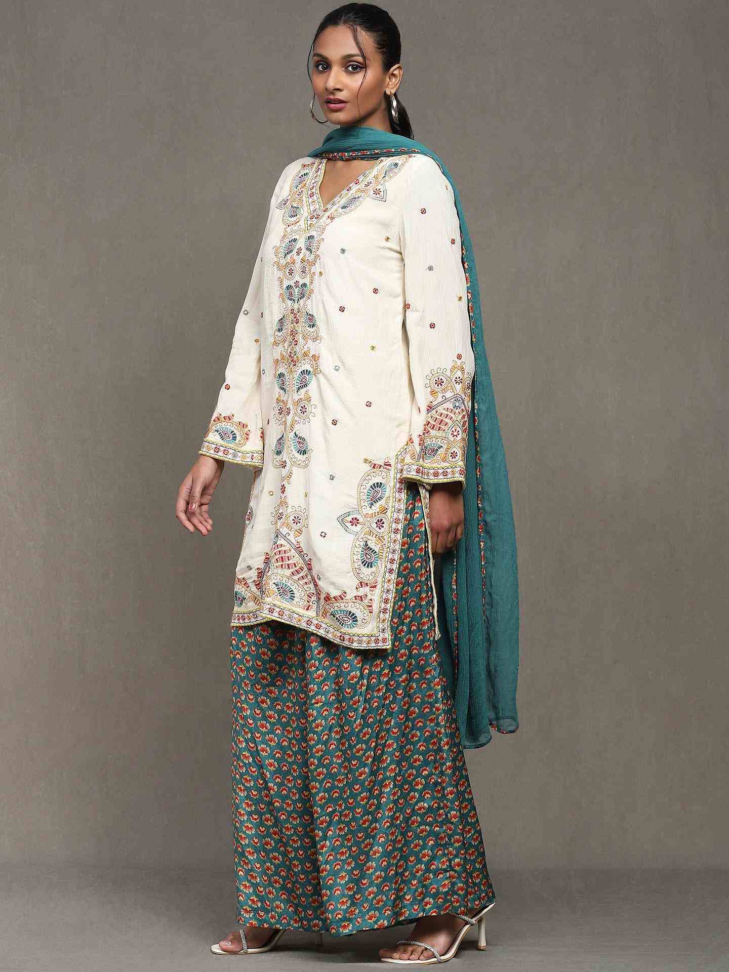 White Kantha Sharara Suit