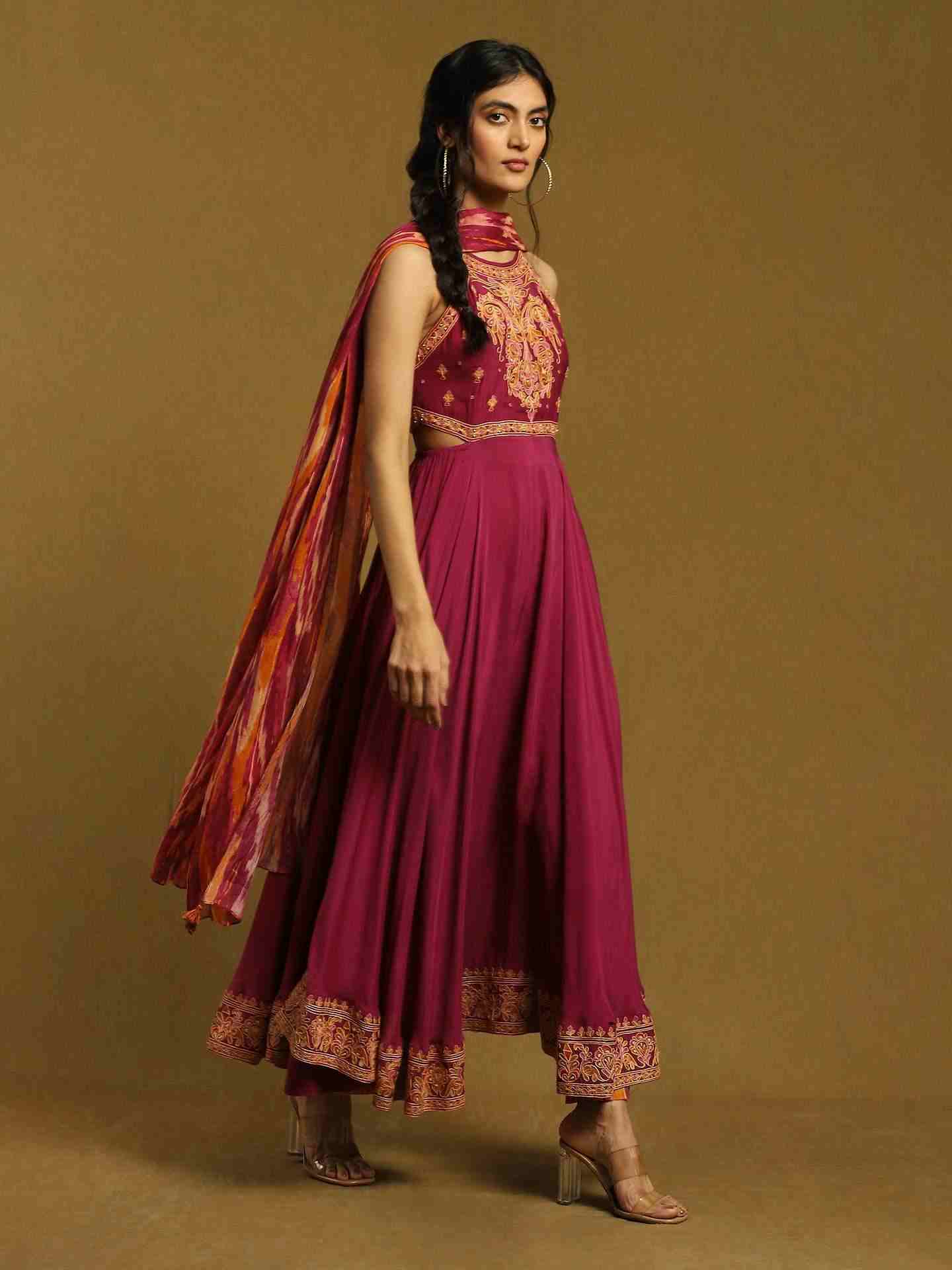 Purple Ikat Anarkali Suit Set