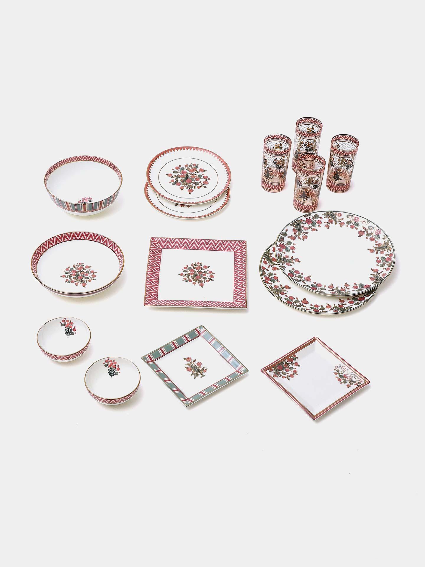 Ecru & Red Flora Katori (Set Of 2)