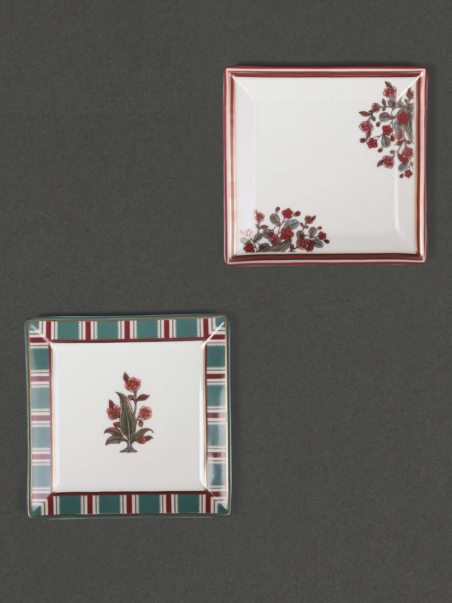 Ecru & Red Flora Katori (Set Of 2)
