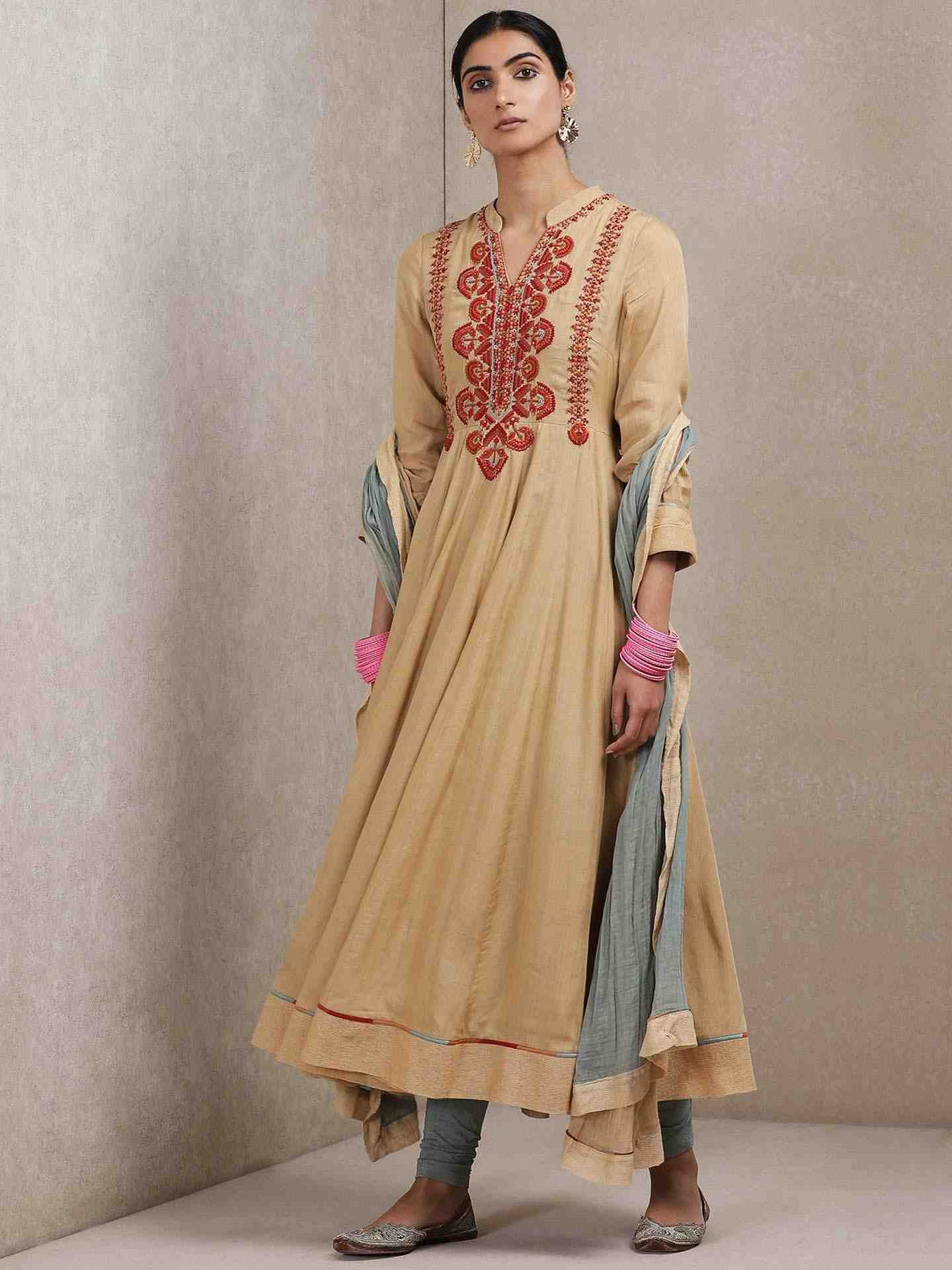 Beige Shikaina Solid Anarkali Suit Set