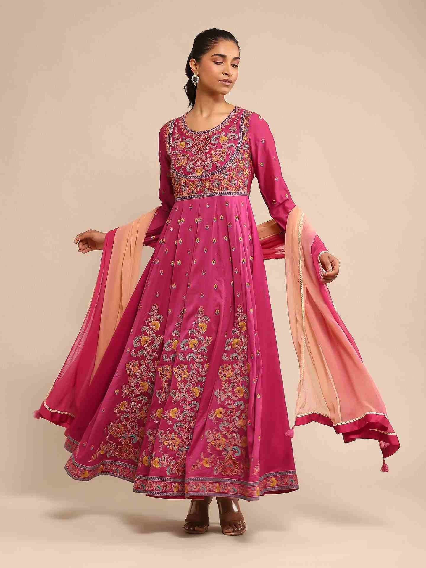 Pink Basant Chanderi Anarkali Suit Set