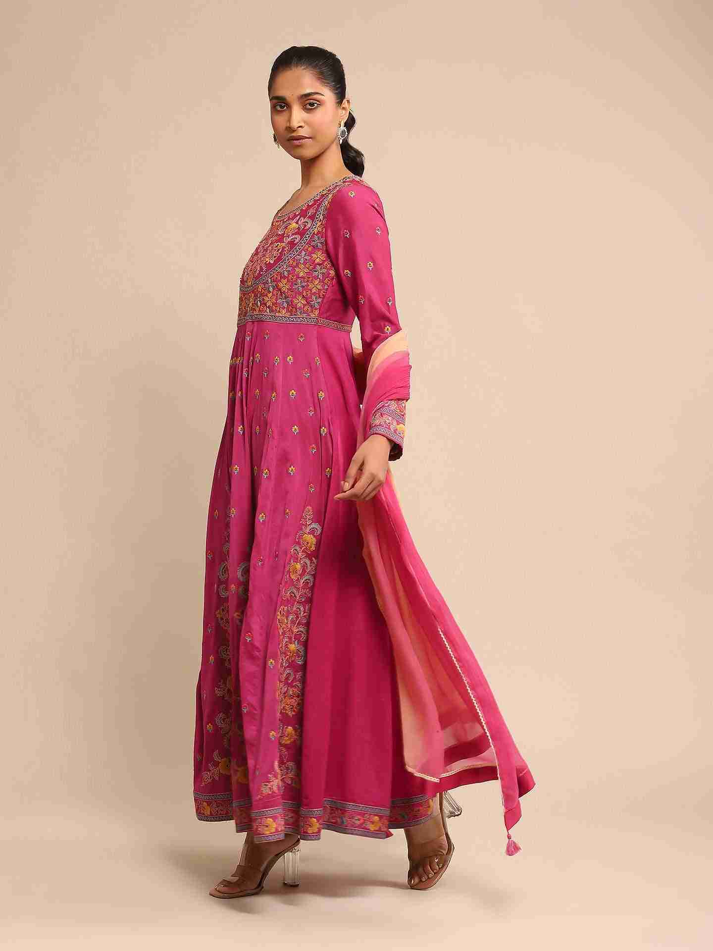 Pink Basant Chanderi Anarkali Suit Set