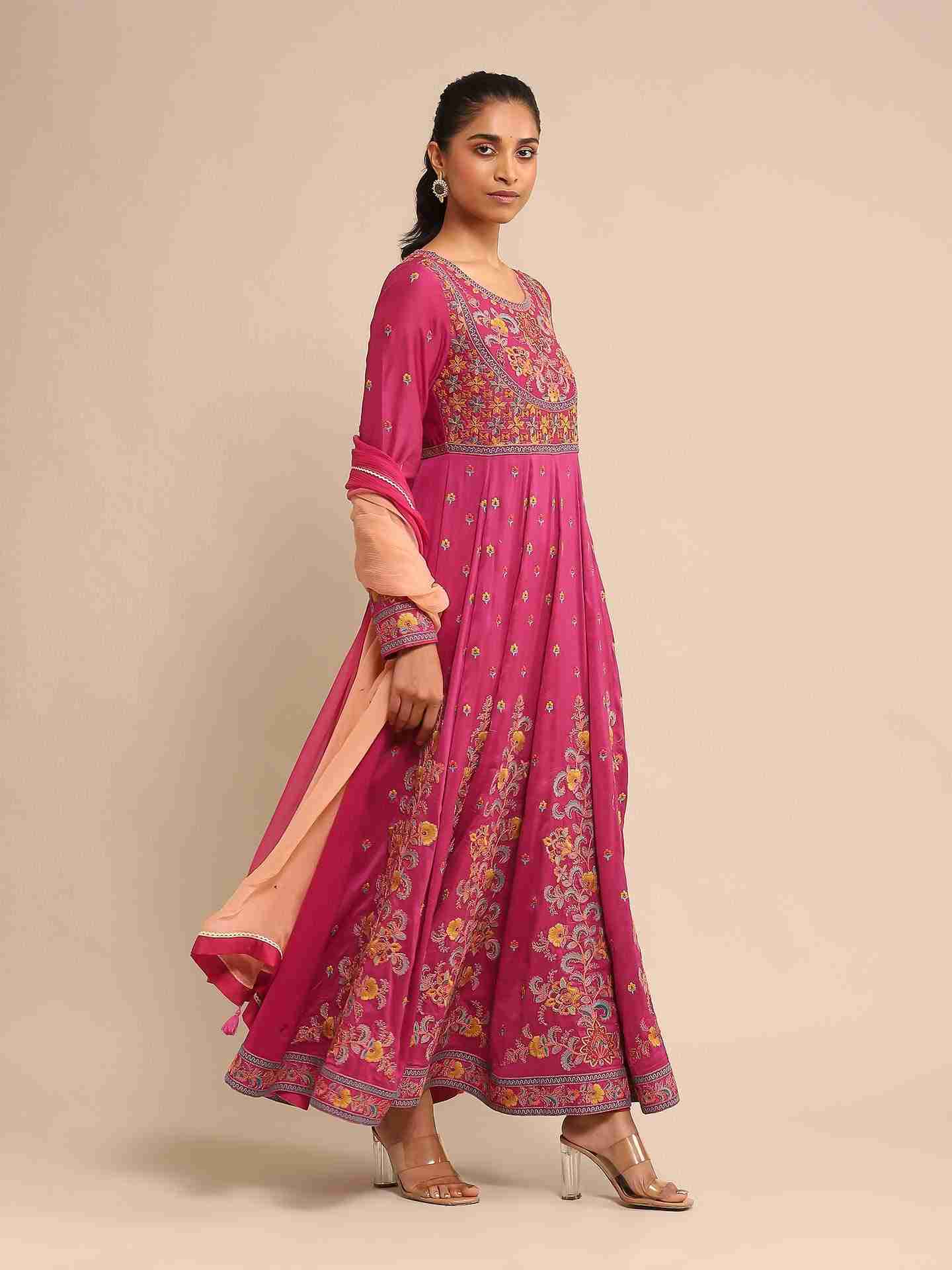 Pink Basant Chanderi Anarkali Suit Set