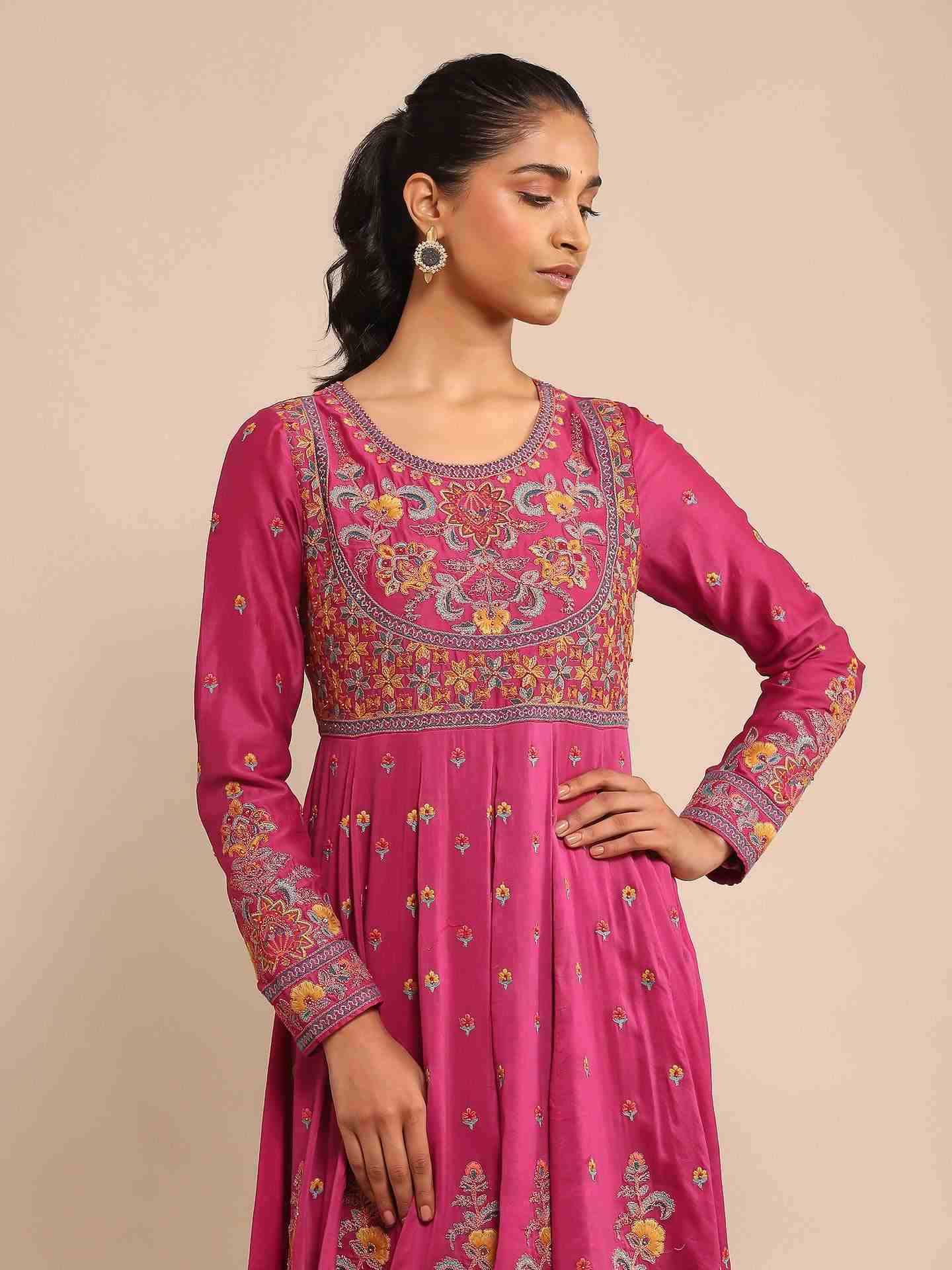 Pink Basant Chanderi Anarkali Suit Set