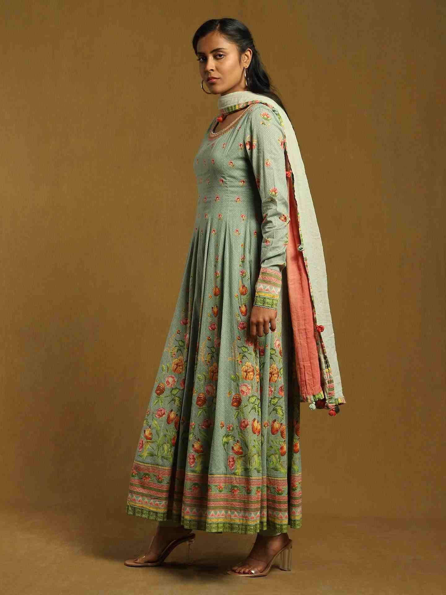 Green Gulzar Cotton Anarkali Suit Set