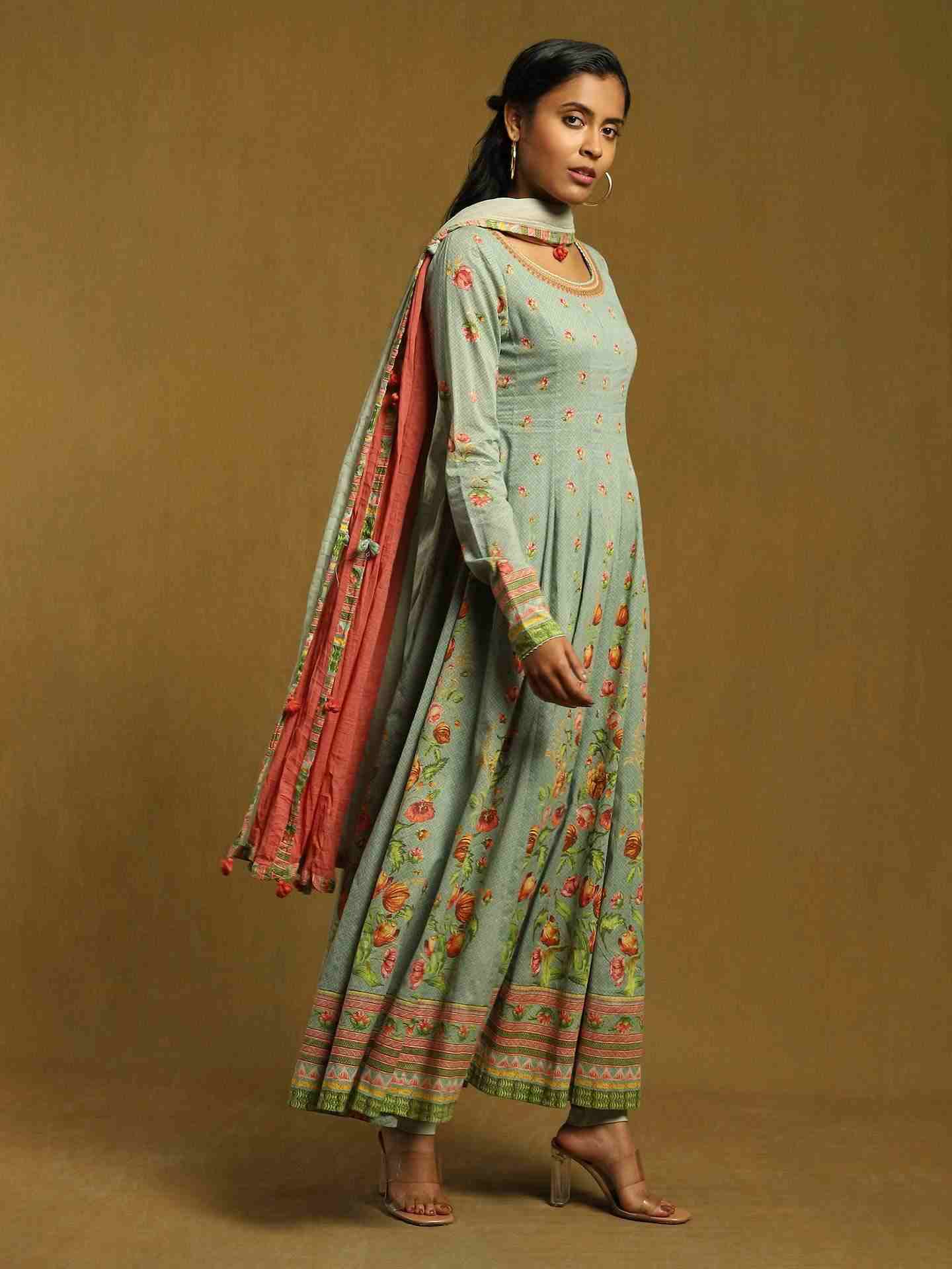 Green Gulzar Cotton Anarkali Suit Set
