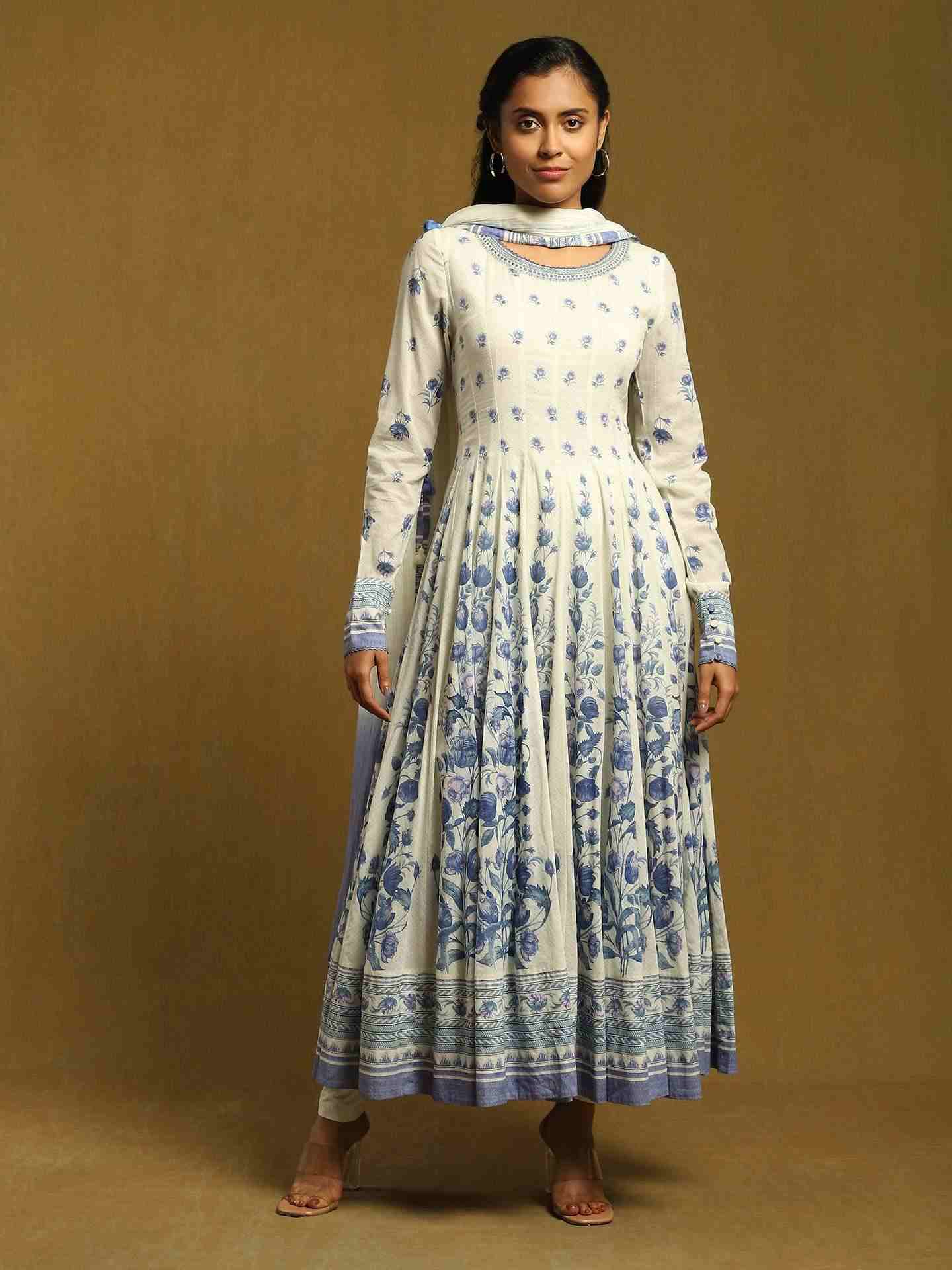 White Gulzar Cotton Anarkali Suit Set
