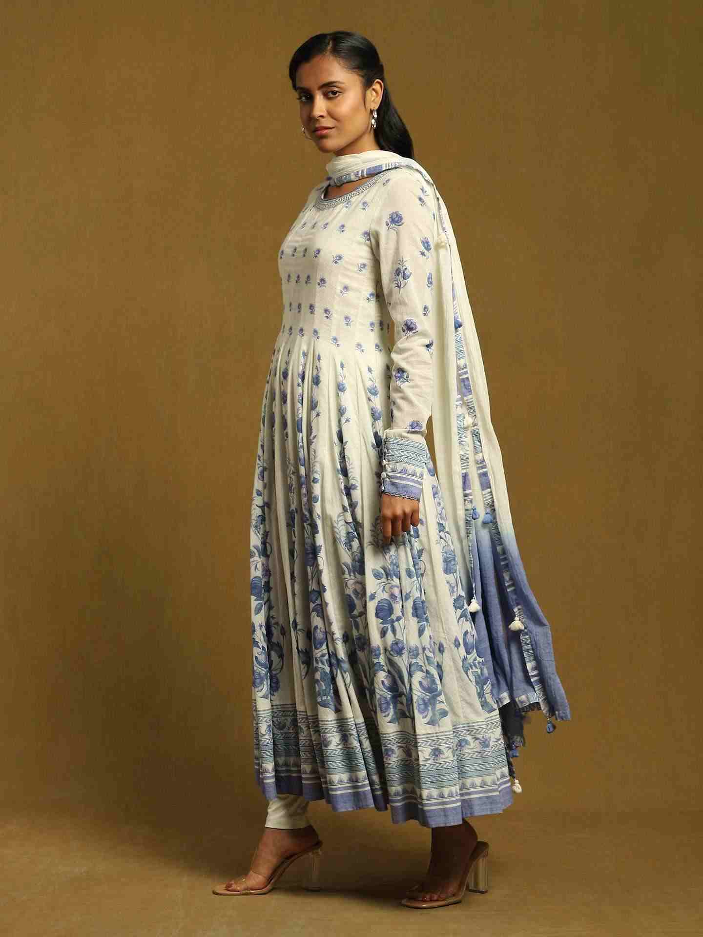 White Gulzar Cotton Anarkali Suit Set