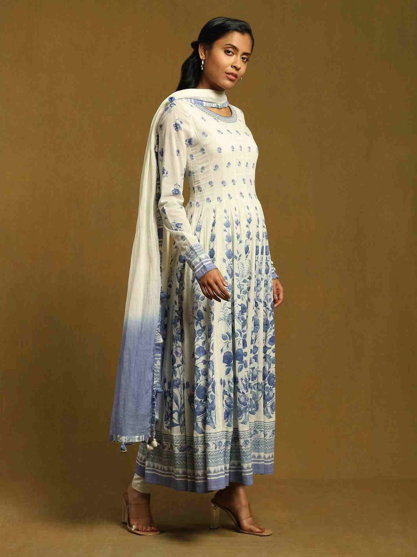 White Gulzar Cotton Anarkali Suit Set