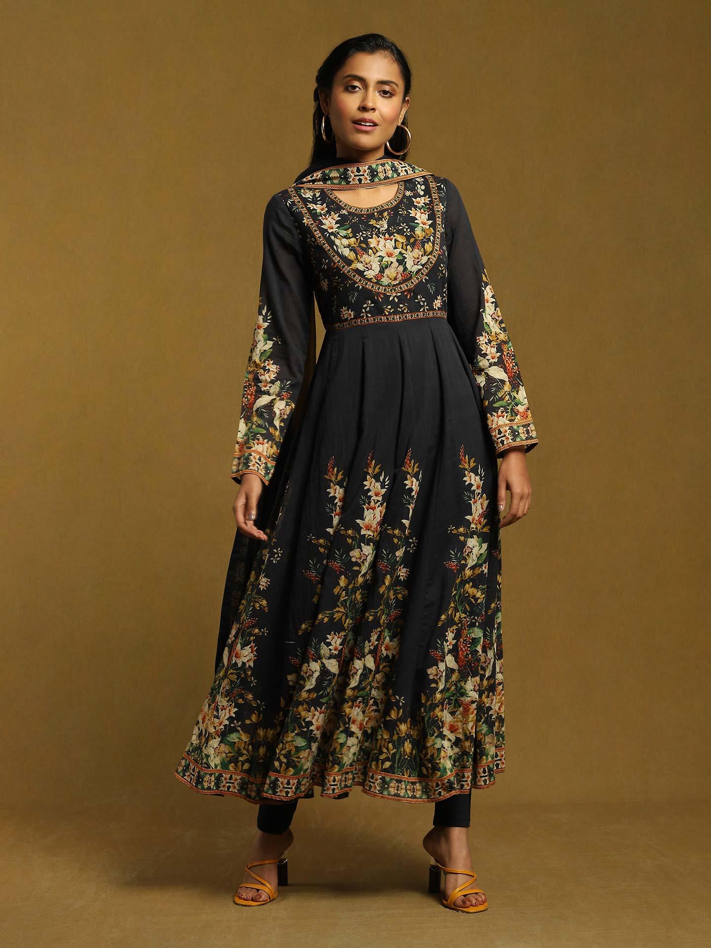 Black Lily Cotton Anarkali Suit Set