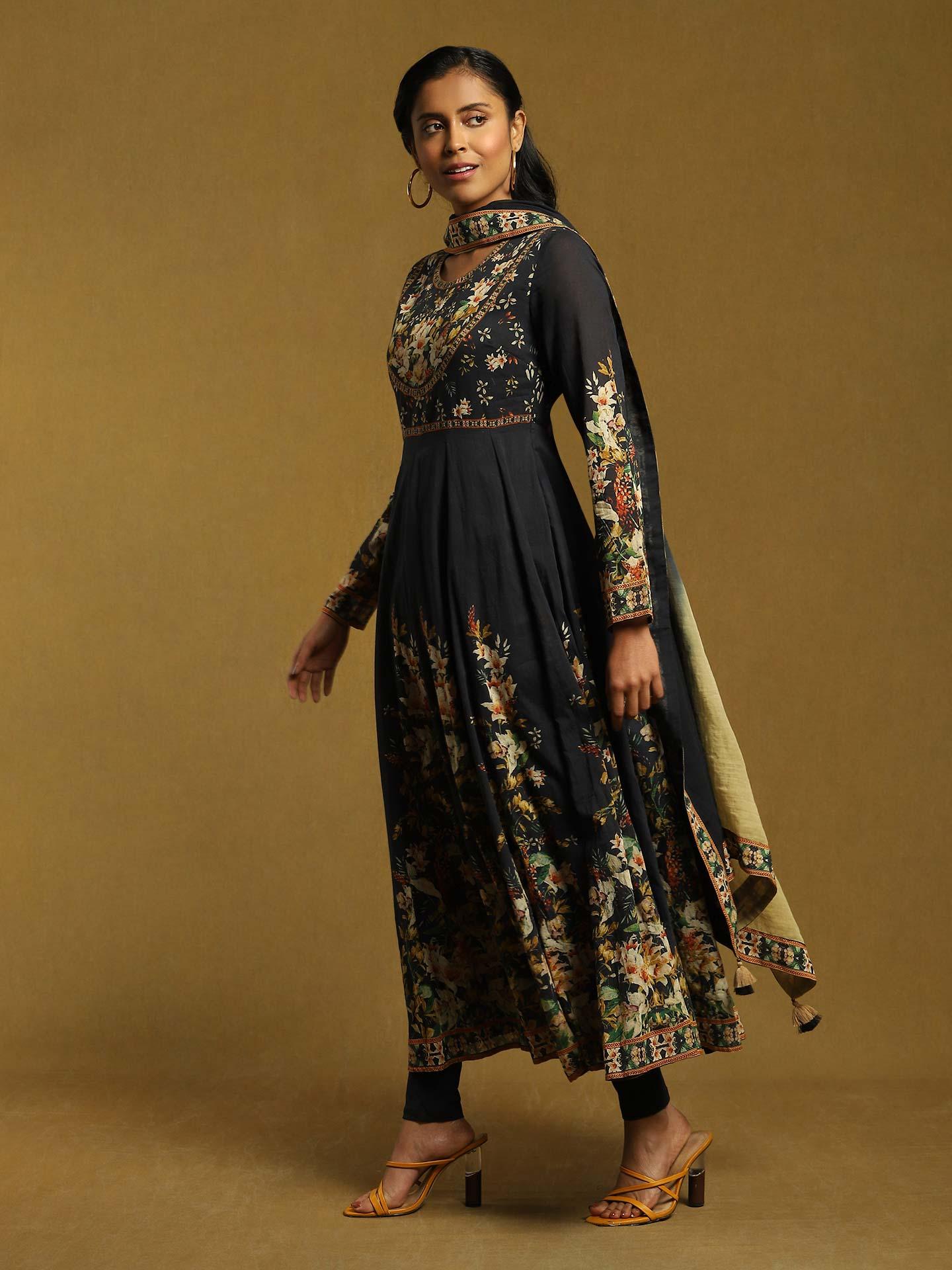 Black Lily Cotton Anarkali Suit Set