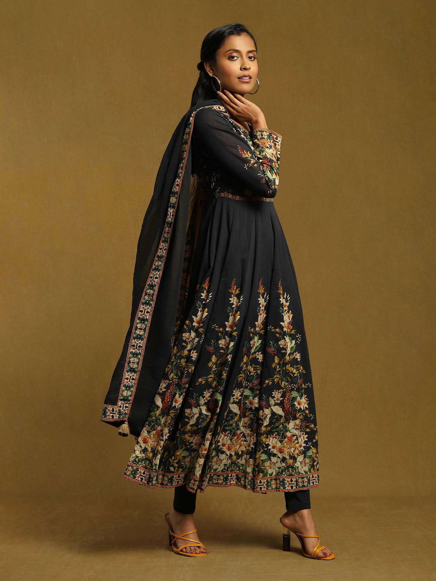 Black Lily Cotton Anarkali Suit Set