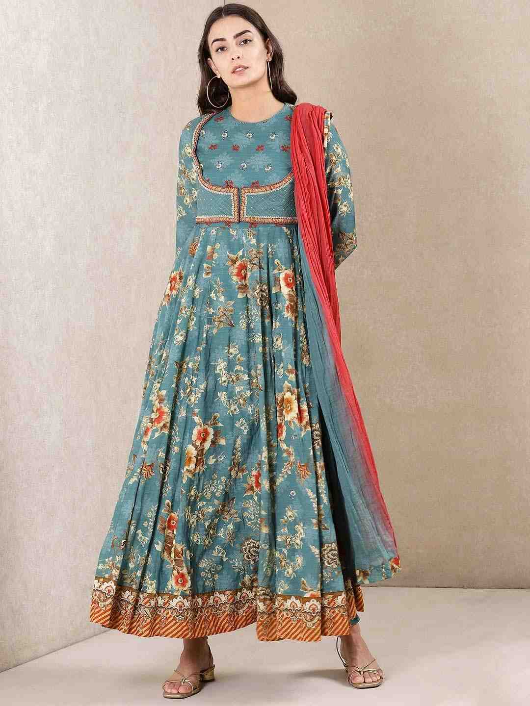 Teal Vintage Bright Anarkali Suit Set