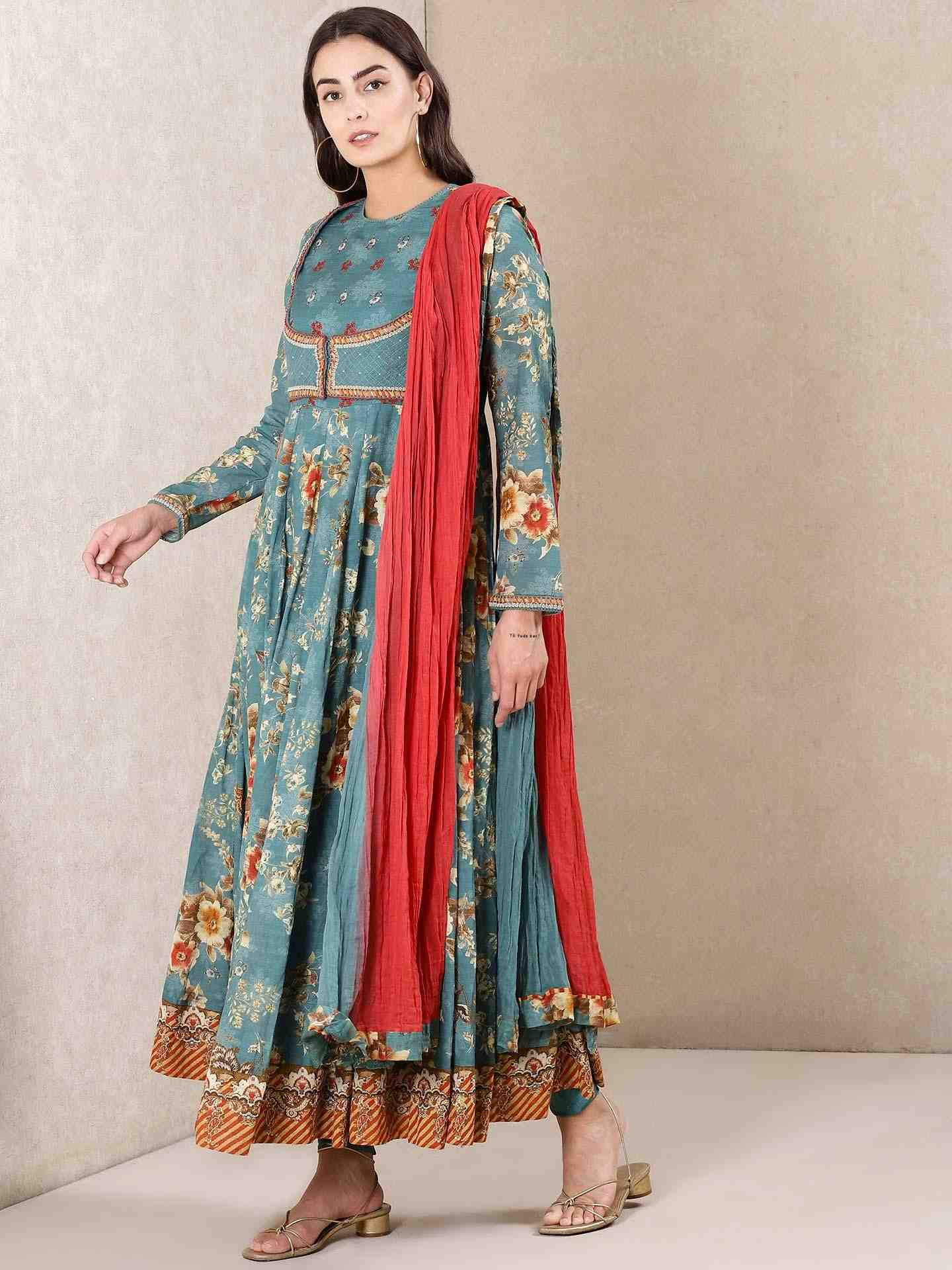 Teal Vintage Bright Anarkali Suit Set