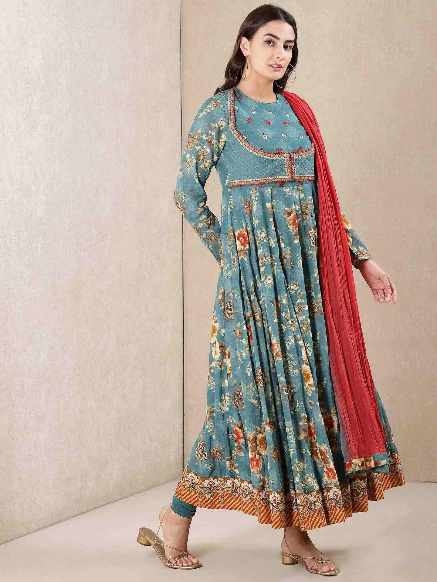 Teal Vintage Bright Anarkali Suit Set