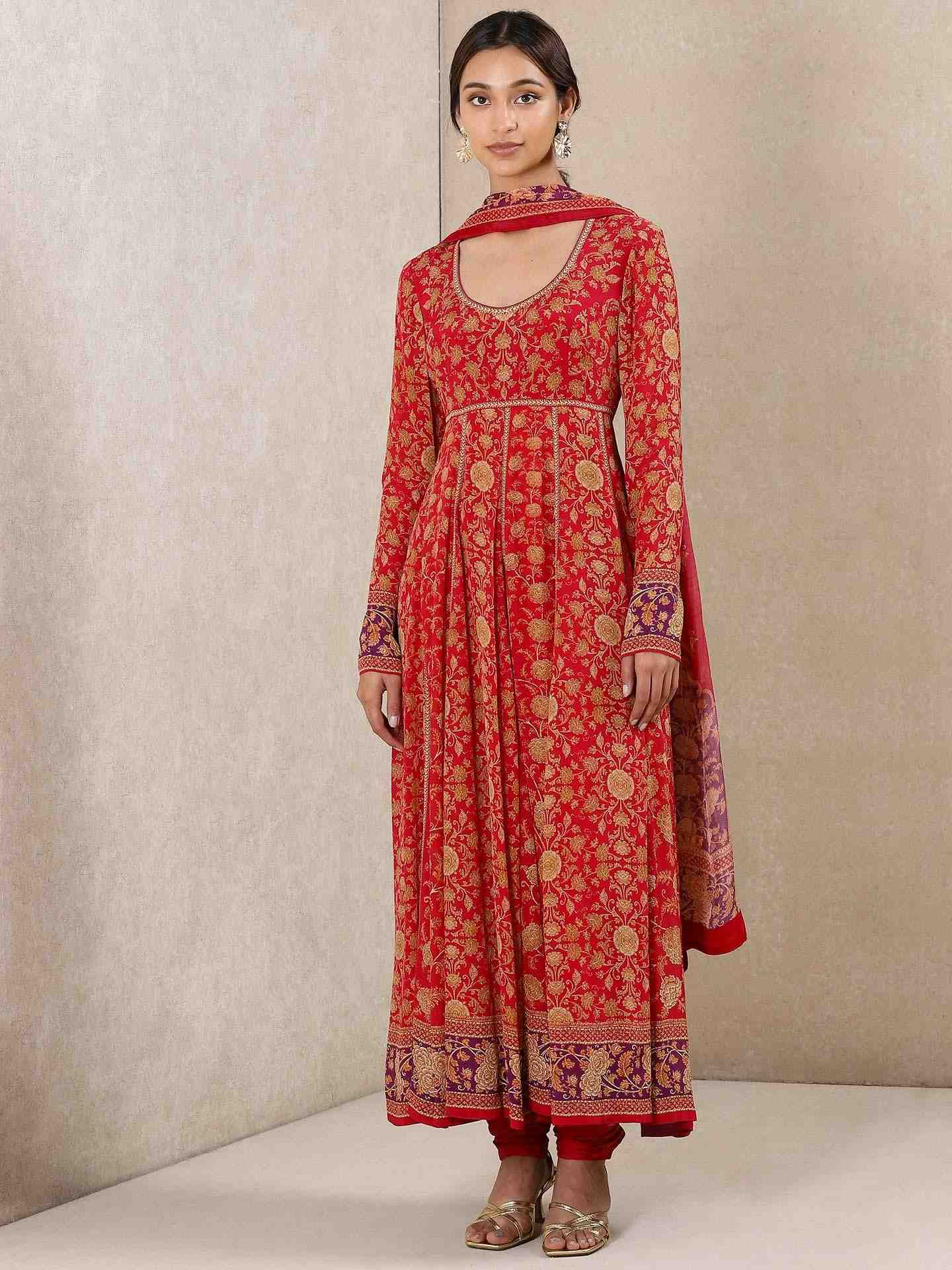 Cherry Red Mrinalini Crepe Anarkali Suit Set