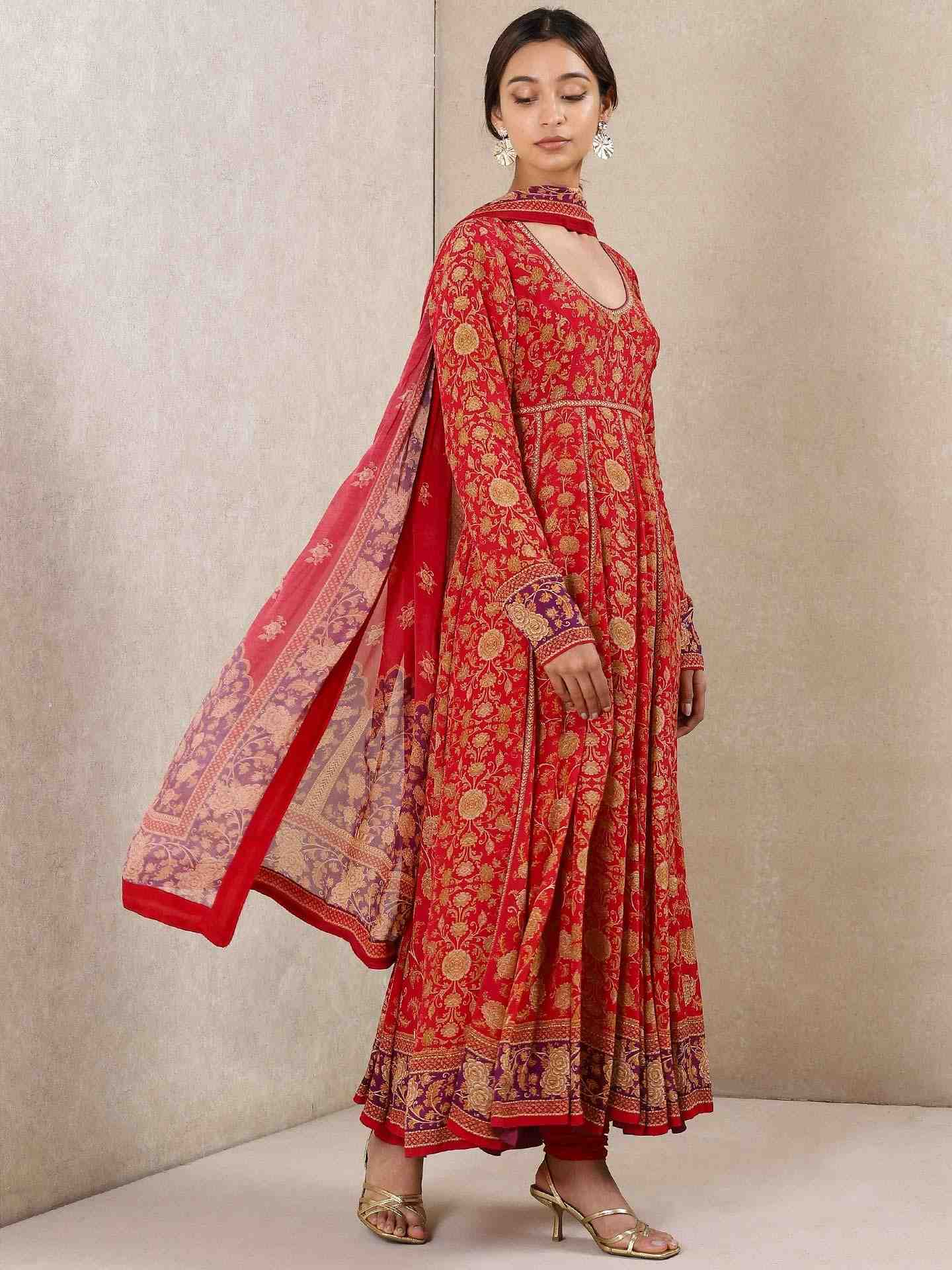 Cherry Red Mrinalini Crepe Anarkali Suit Set