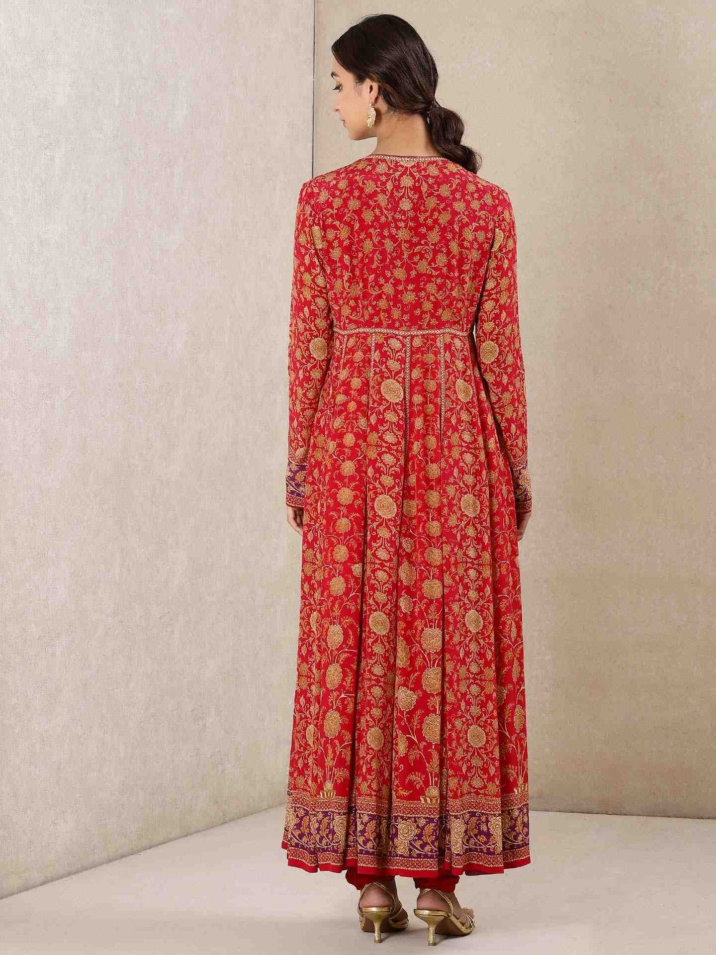 Cherry Red Mrinalini Crepe Anarkali Suit Set