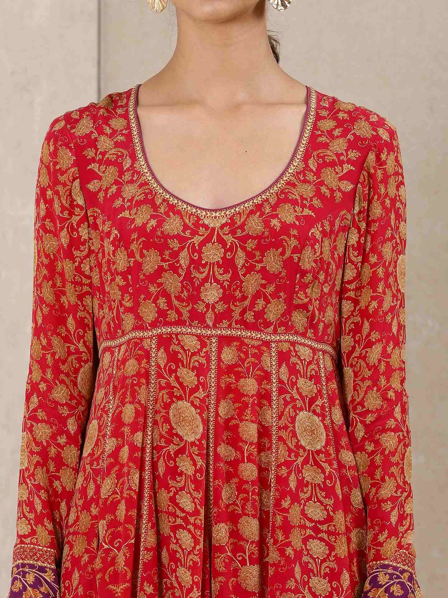 Cherry Red Mrinalini Crepe Anarkali Suit Set