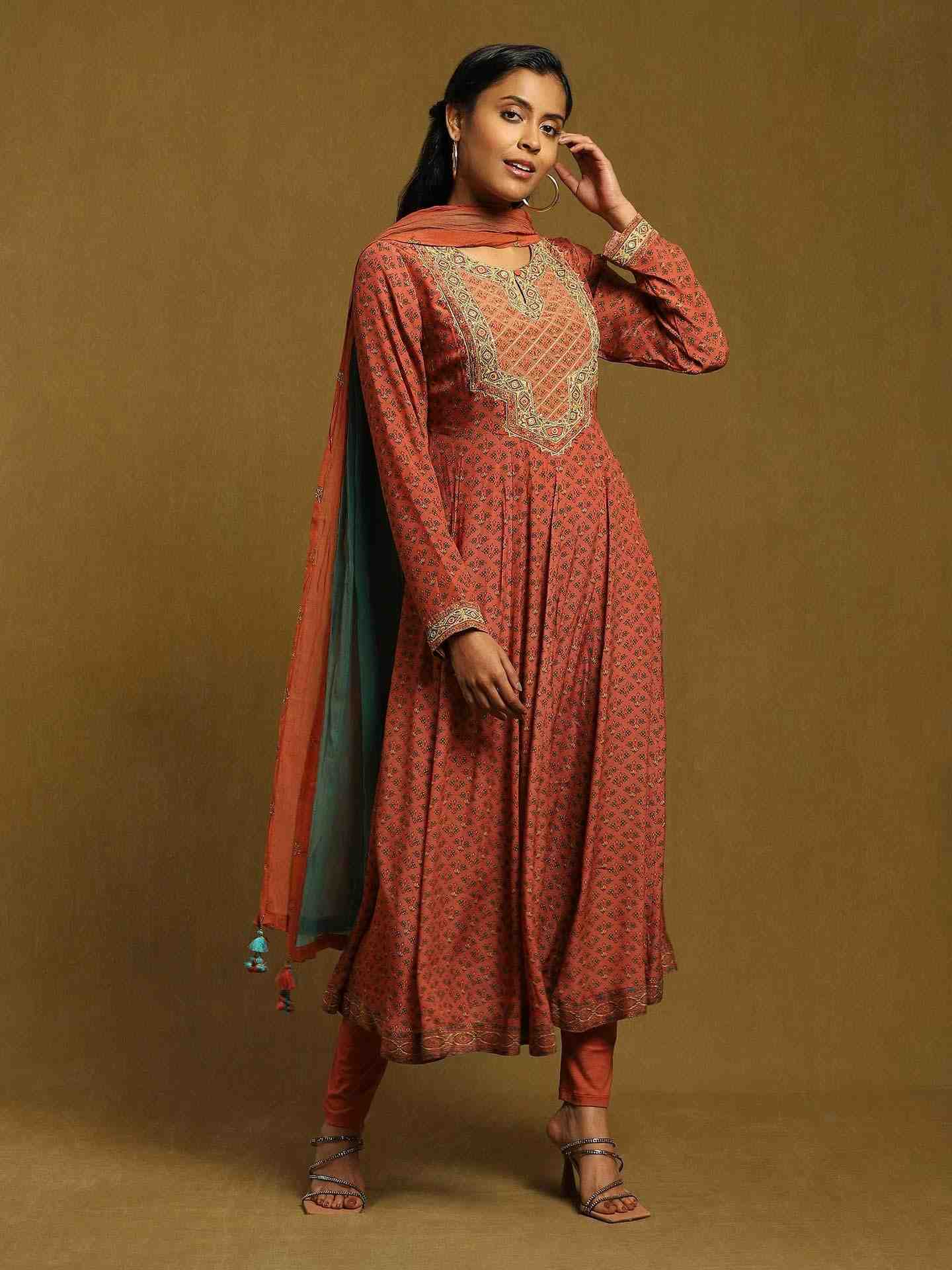 Rust Kalam Jamawar Crepe Anarkali Suit Set