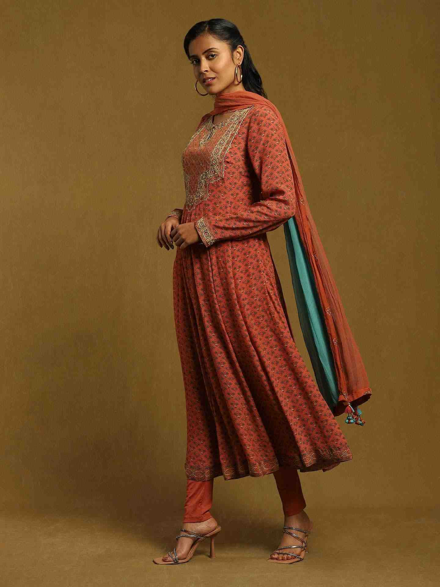 Rust Kalam Jamawar Crepe Anarkali Suit Set