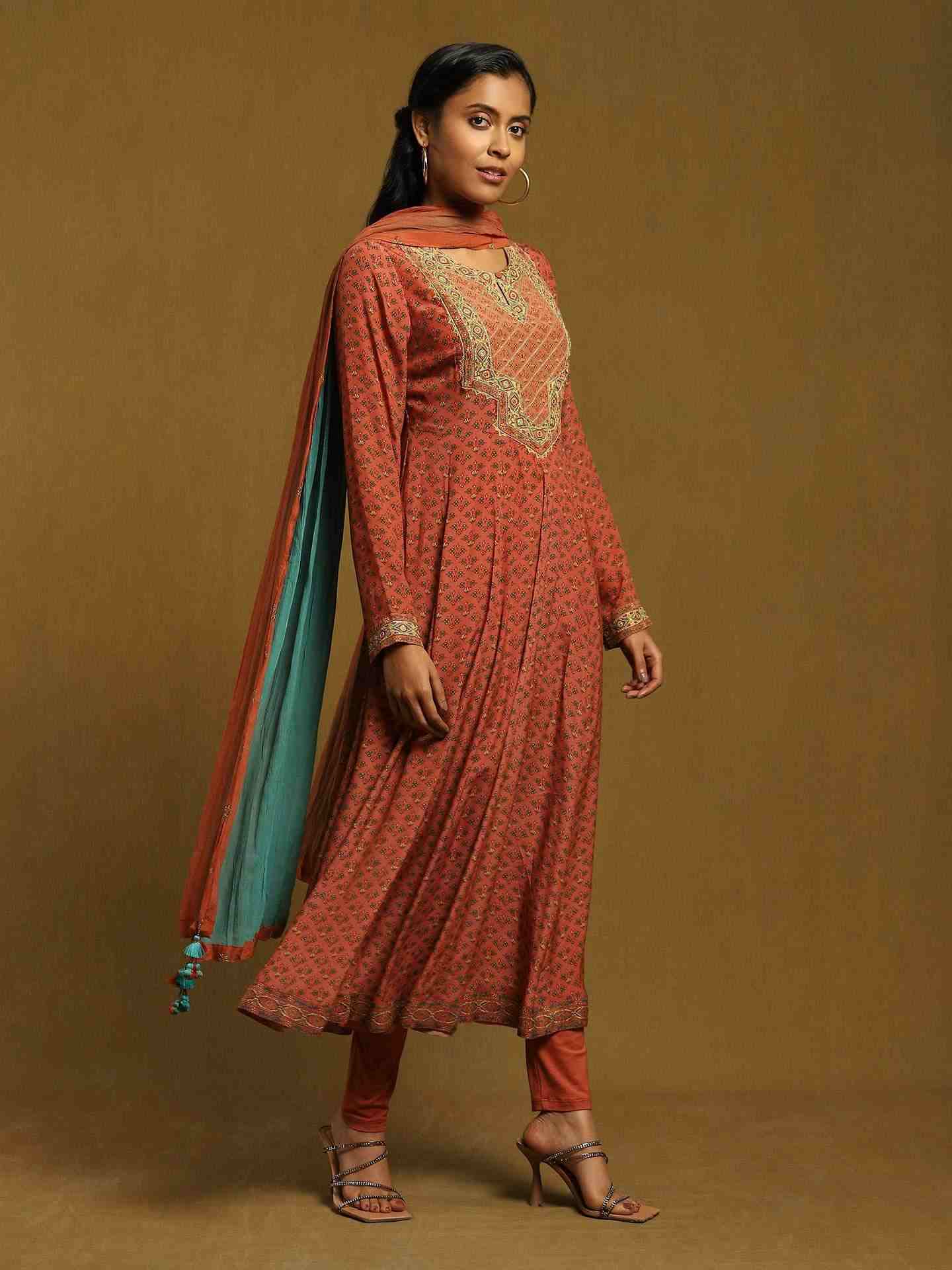 Rust Kalam Jamawar Crepe Anarkali Suit Set
