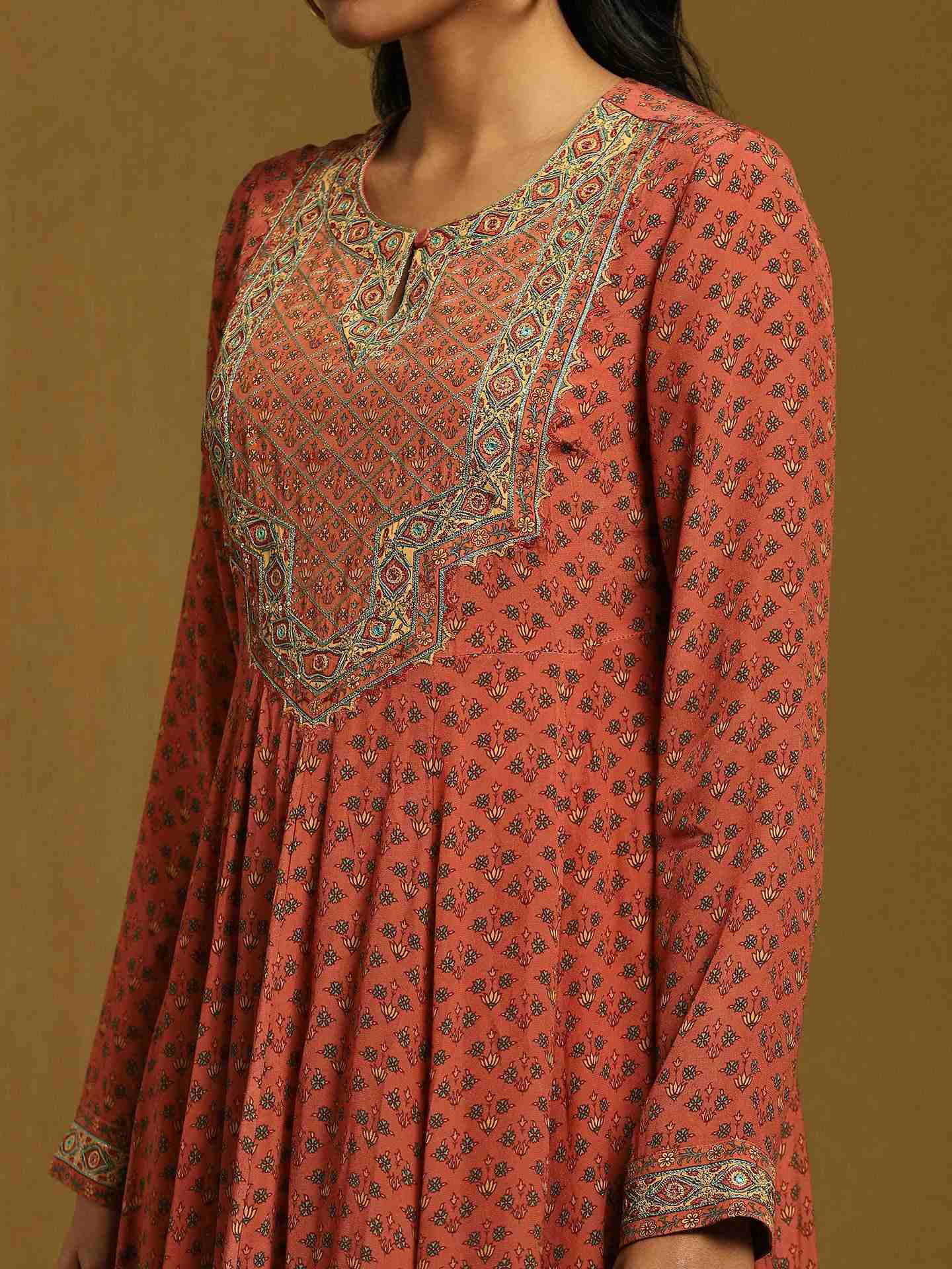 Rust Kalam Jamawar Crepe Anarkali Suit Set