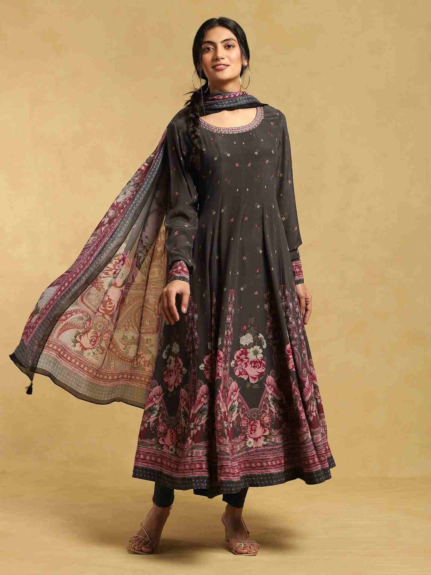 Charcoal Grey Alexander Crepe Anarkali Suit Set
