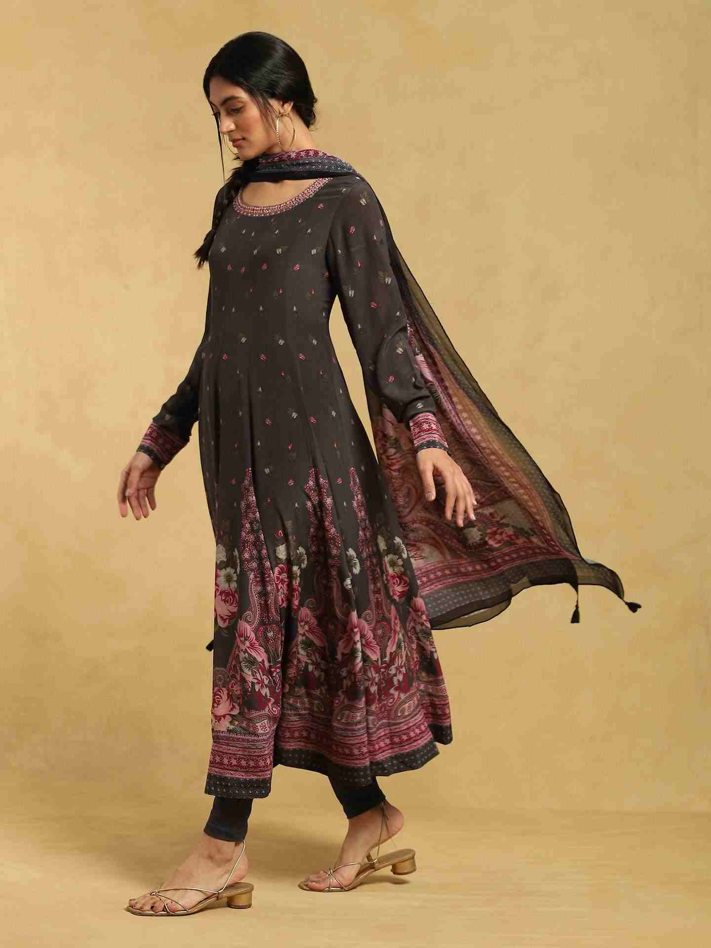 Charcoal Grey Alexander Crepe Anarkali Suit Set
