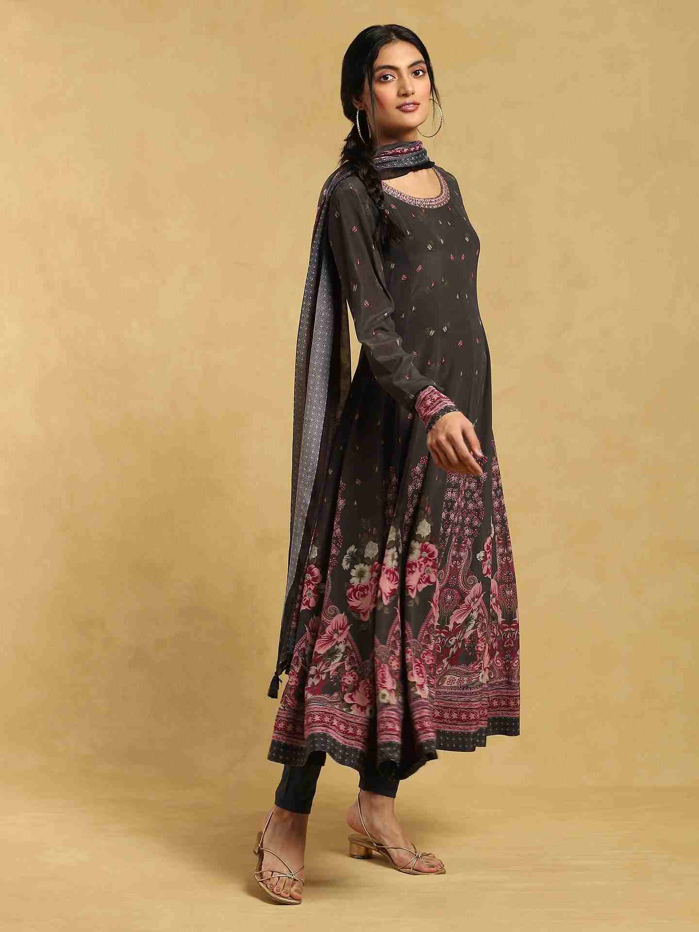 Charcoal Grey Alexander Crepe Anarkali Suit Set