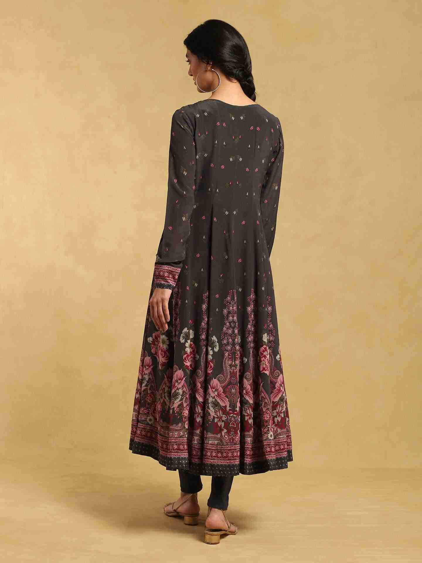 Charcoal Grey Alexander Crepe Anarkali Suit Set